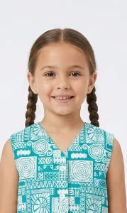Young girl in a teal and white geometric printed cotton co-ord set featuring a waistcoat top and wide-leg pants.
