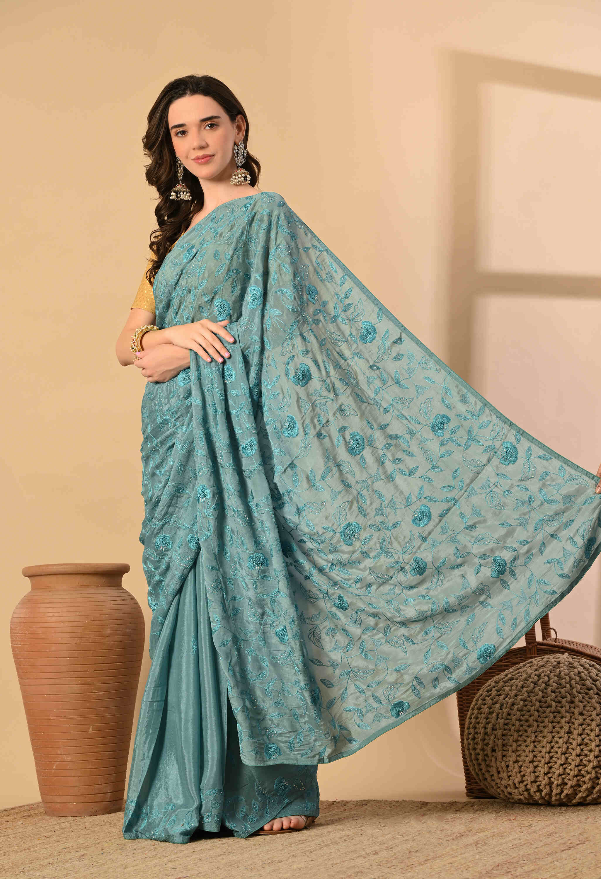 
Gray blue chinon chiffon saree online
