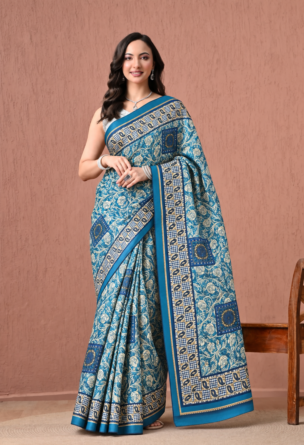 A woman models a blue and teal saree with intricate floral and geometric block prints, standing against a textured terracotta-colored wall.