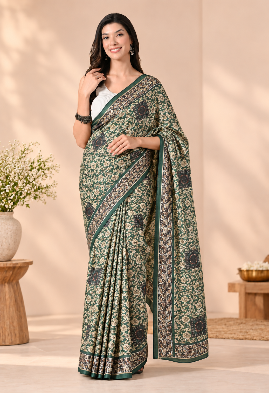 Pair this elegant chiffon saree with a matching blouse, statement earrings, bangles, and classic heels for a graceful and sophisticated ethnic look.
