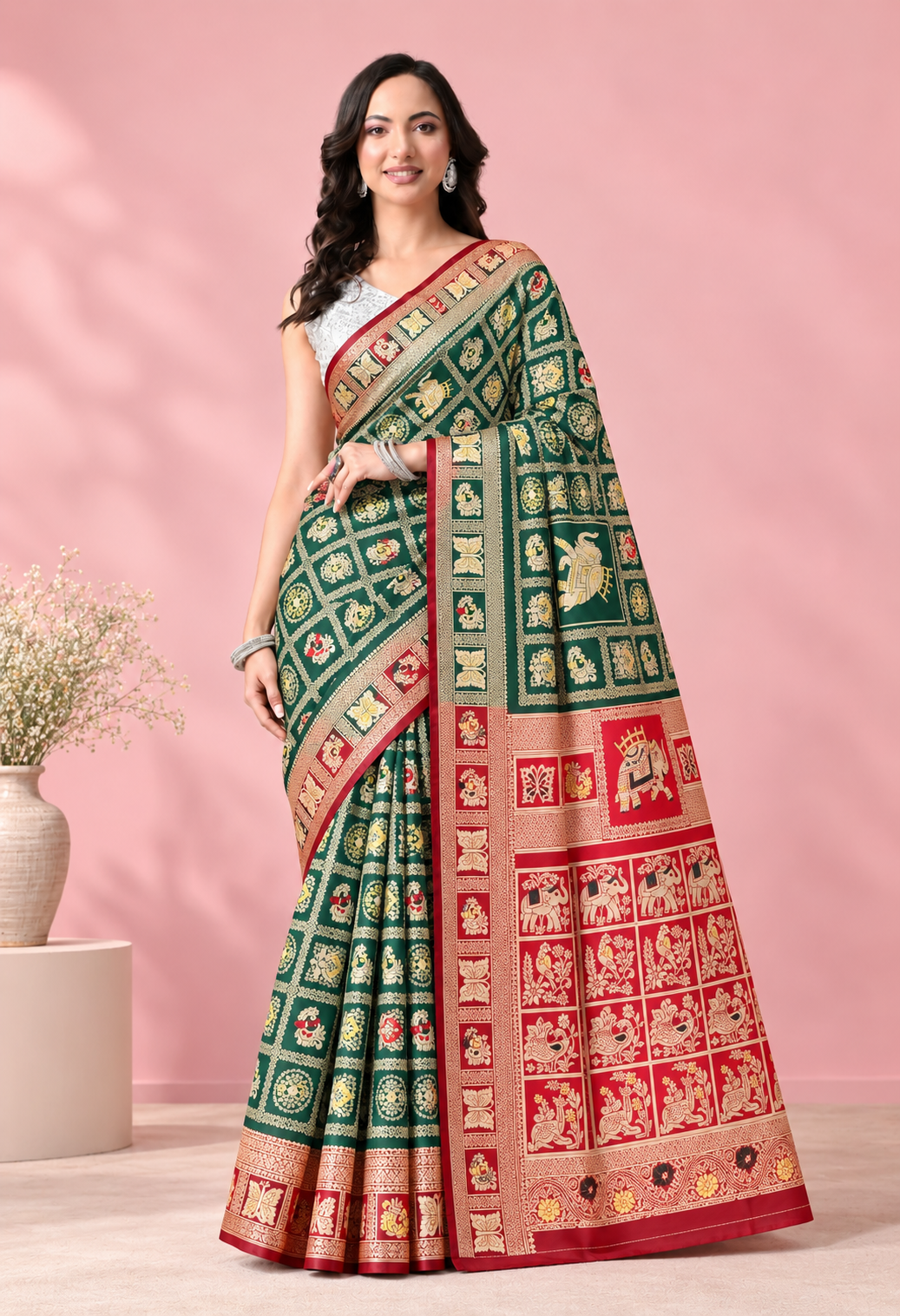 Pair it with a maroon blouse, traditional gold jewellery and embellished heels for a graceful festive look.
