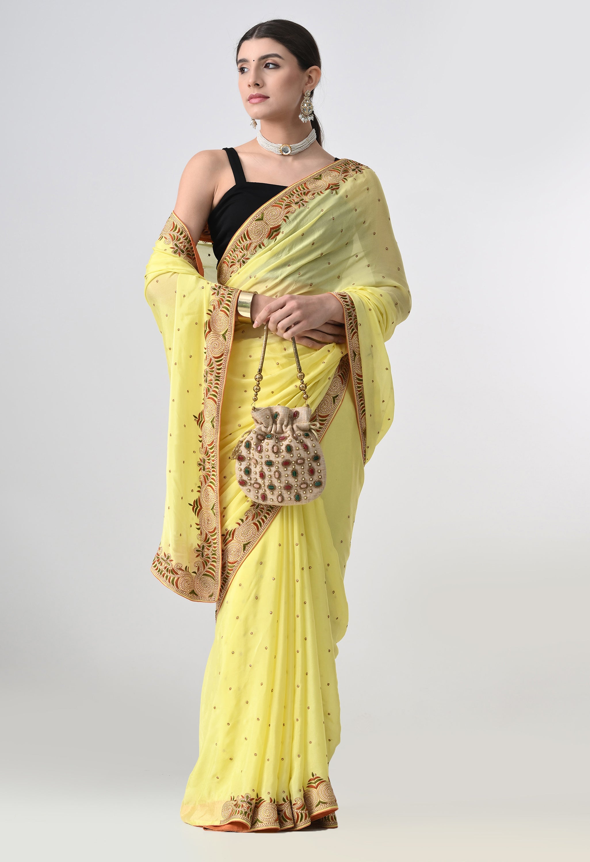 Handmade Party Wear Yellow Saree