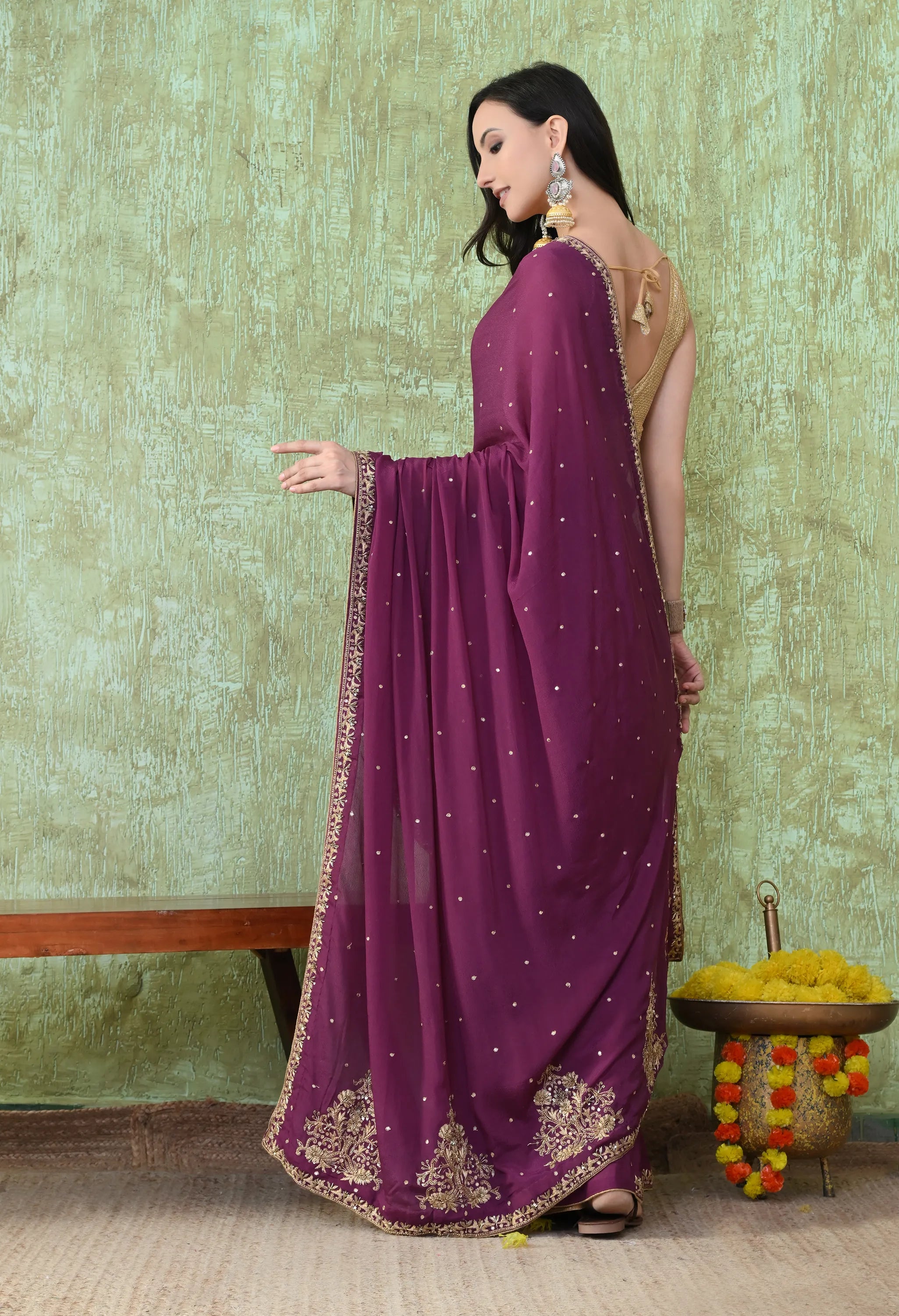 Handwork Crepe Purple Saree