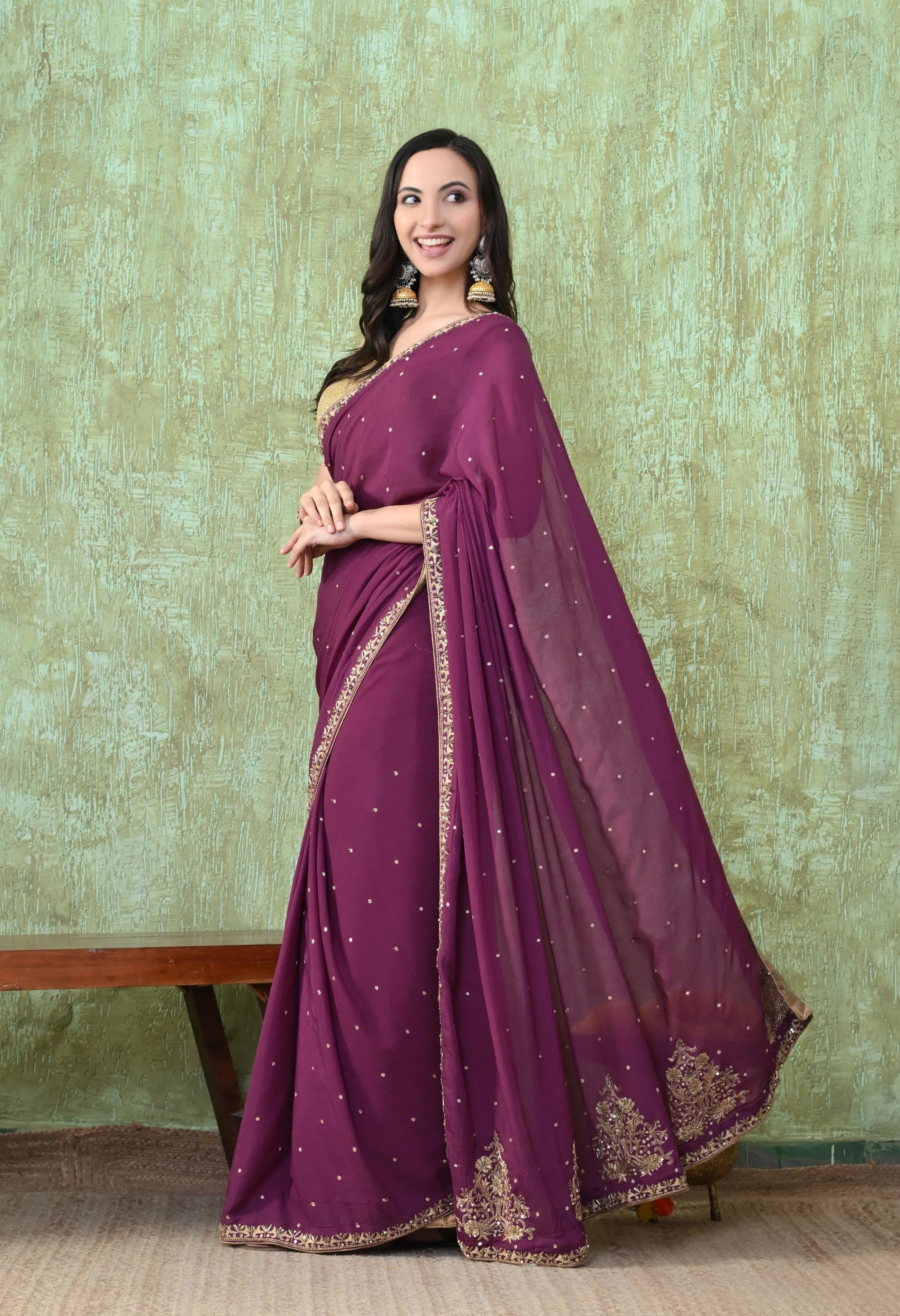 Handwork Crepe Purple Saree
