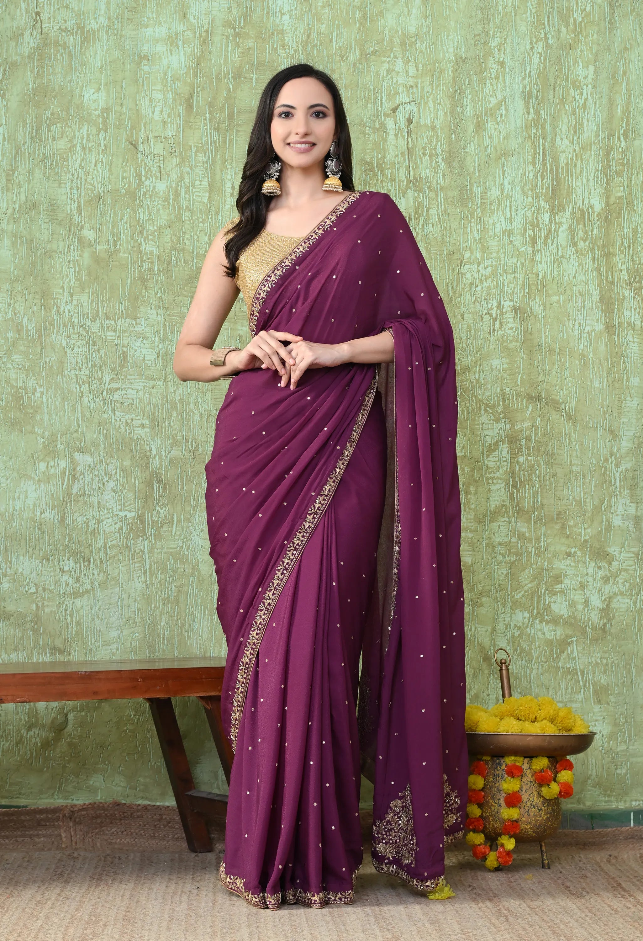 Handwork Crepe Purple Saree