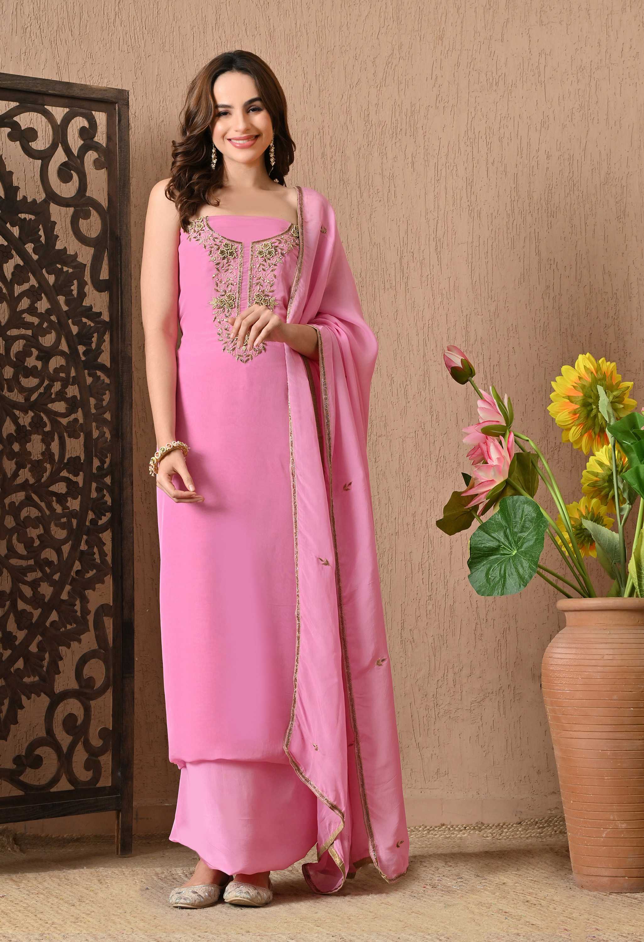 Handwork Pink Organza suit set