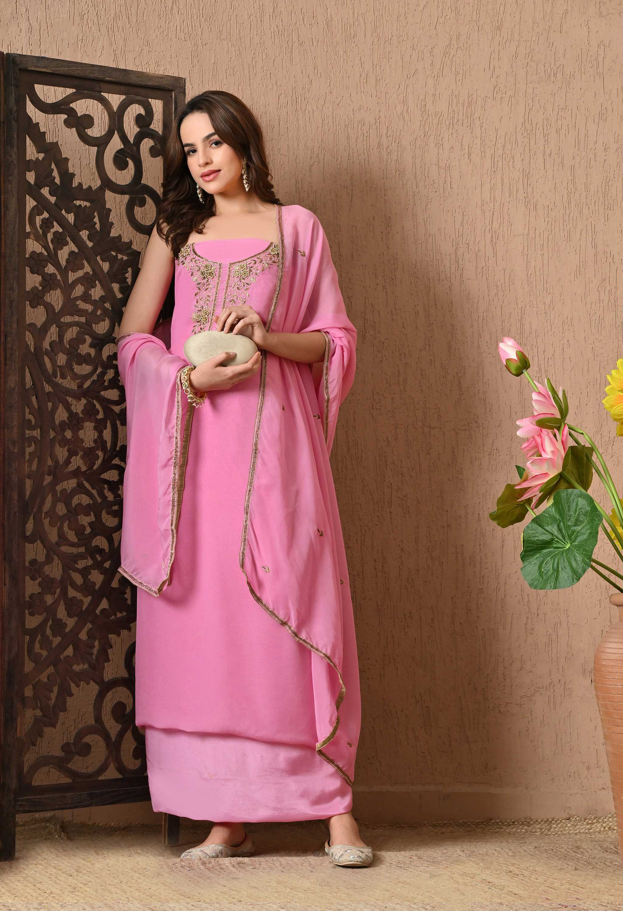 Handwork Pink Organza suit set