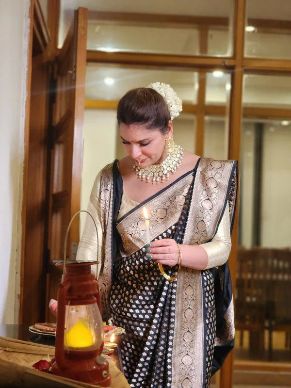 Handwoven pure katan black saree