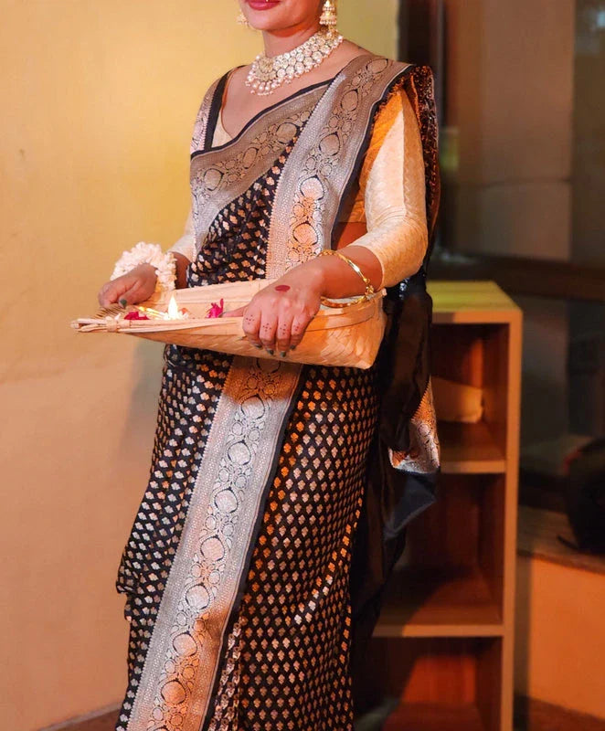 Handwoven pure katan black saree