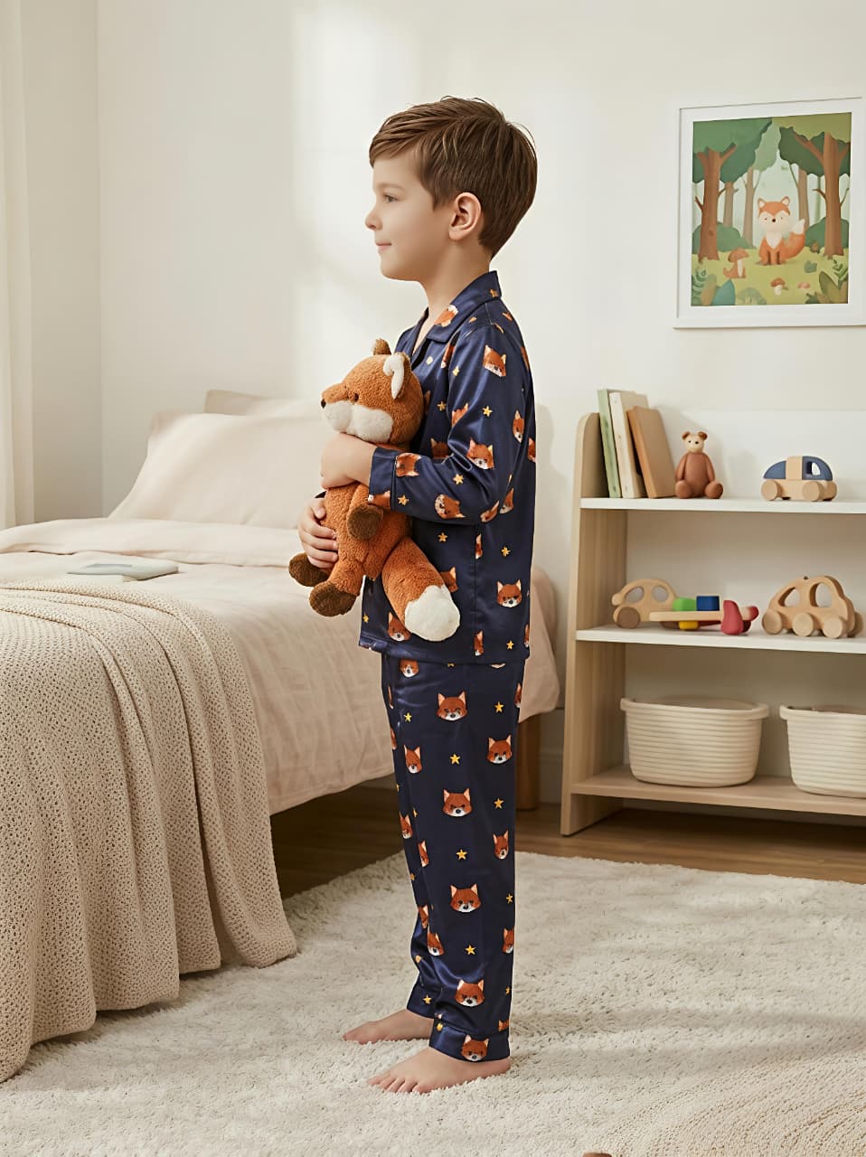 Kids Navy Blue Fox Print Satin Pajama Set