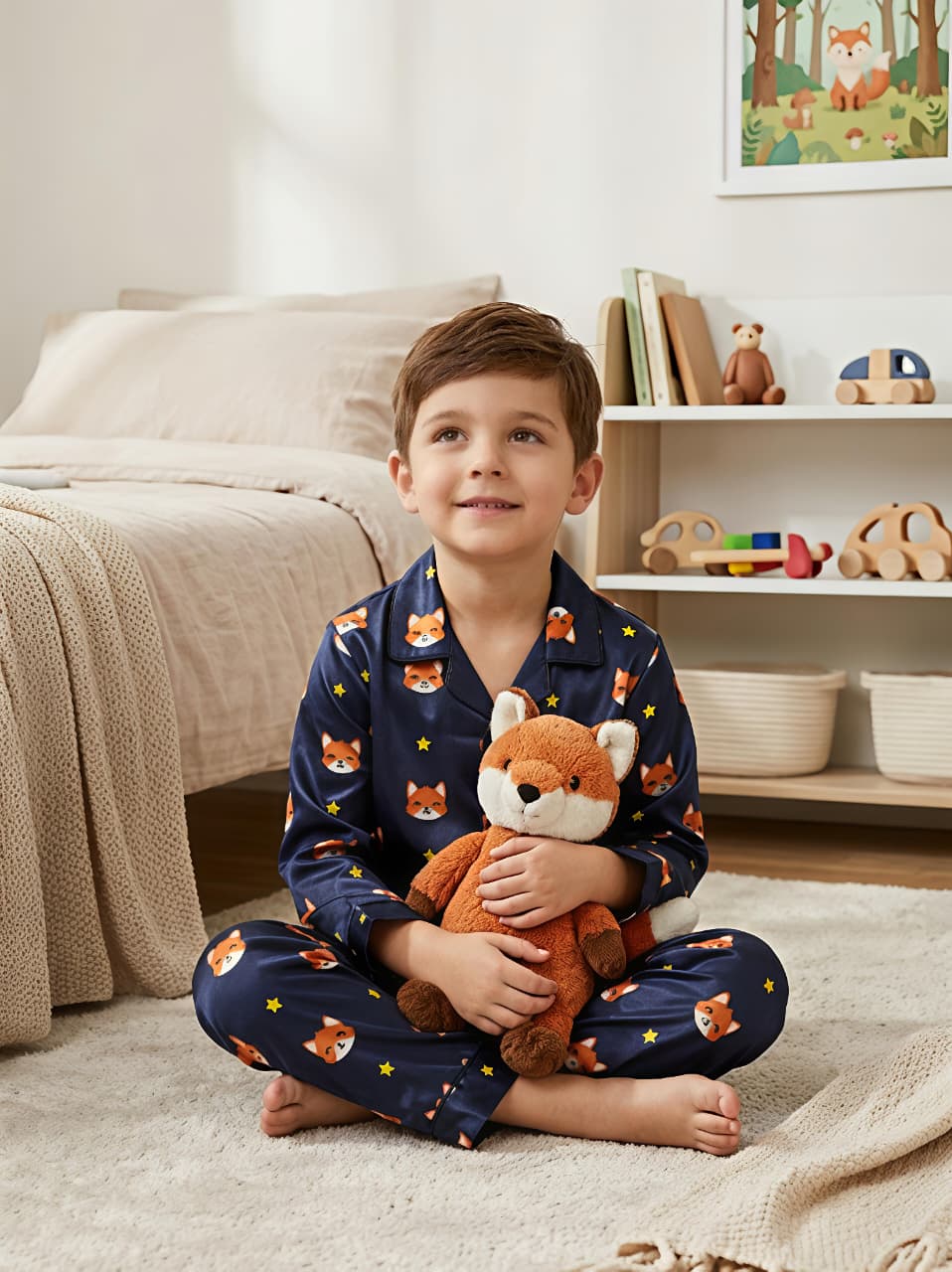 Kids Navy Blue Fox Print Satin Pajama Set