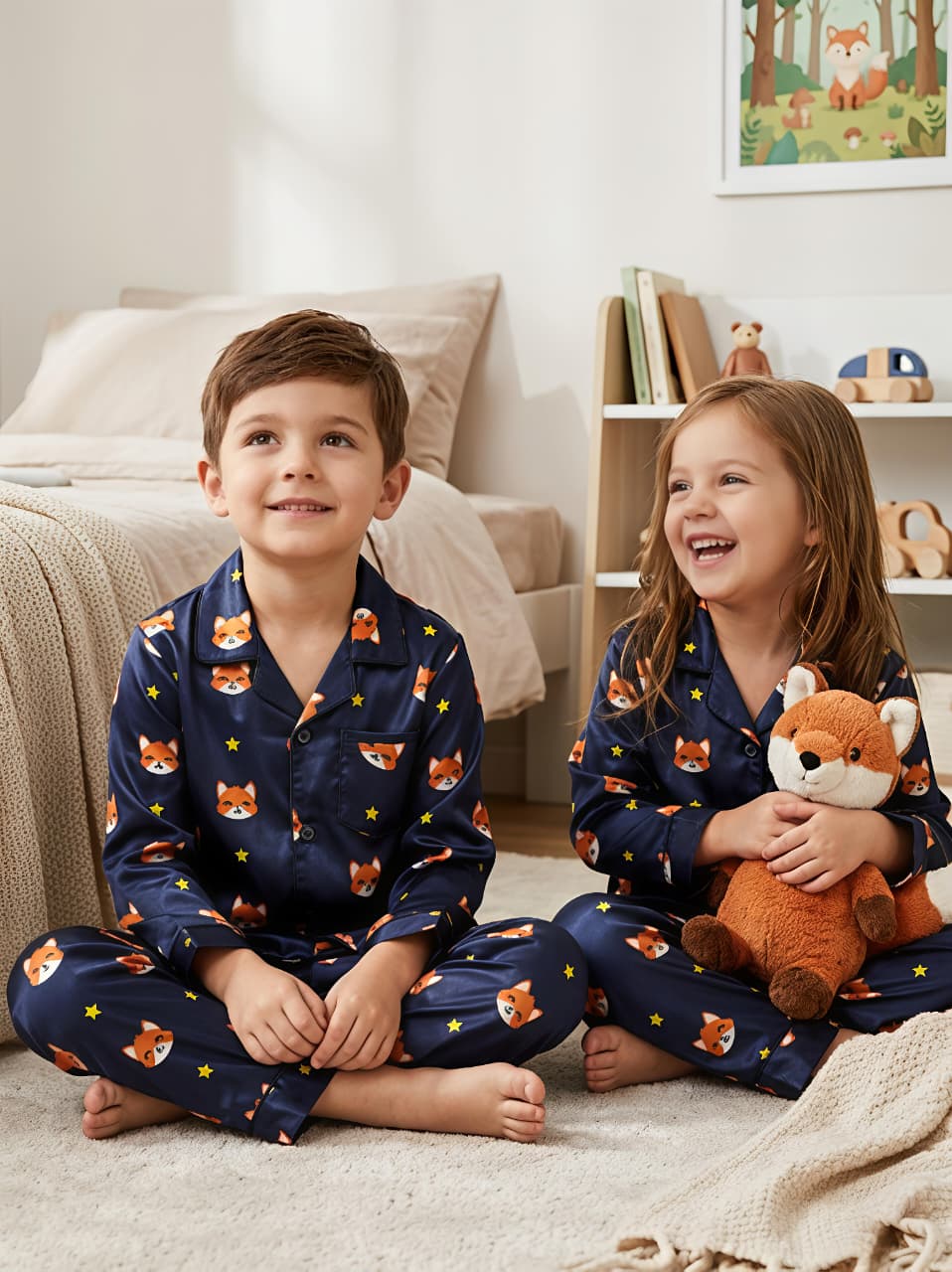 Kids Navy Blue Fox Print Satin Pajama Set