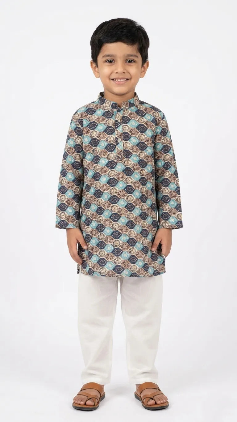 Boys Blue and Beige Geometric Printed Cotton Kurta with White Pyjama Set