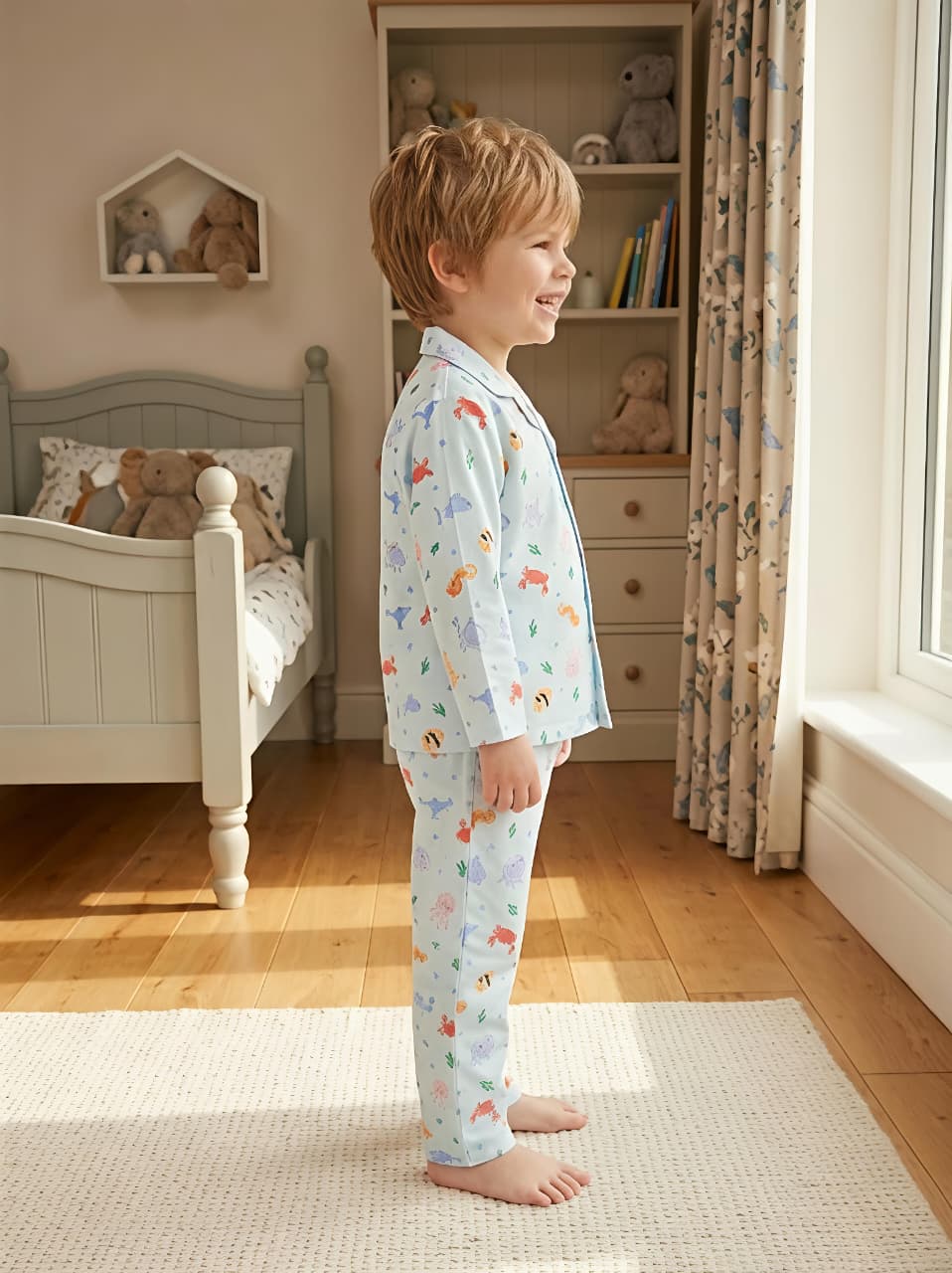 Kids Blue Sea-Life Printed Satin Long-Sleeved Night suit