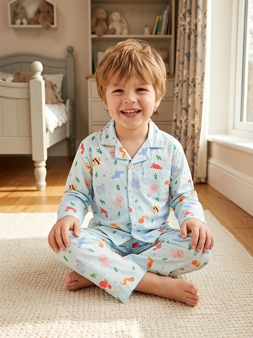 Kids Blue Sea-Life Printed Satin Long-Sleeved Night suit