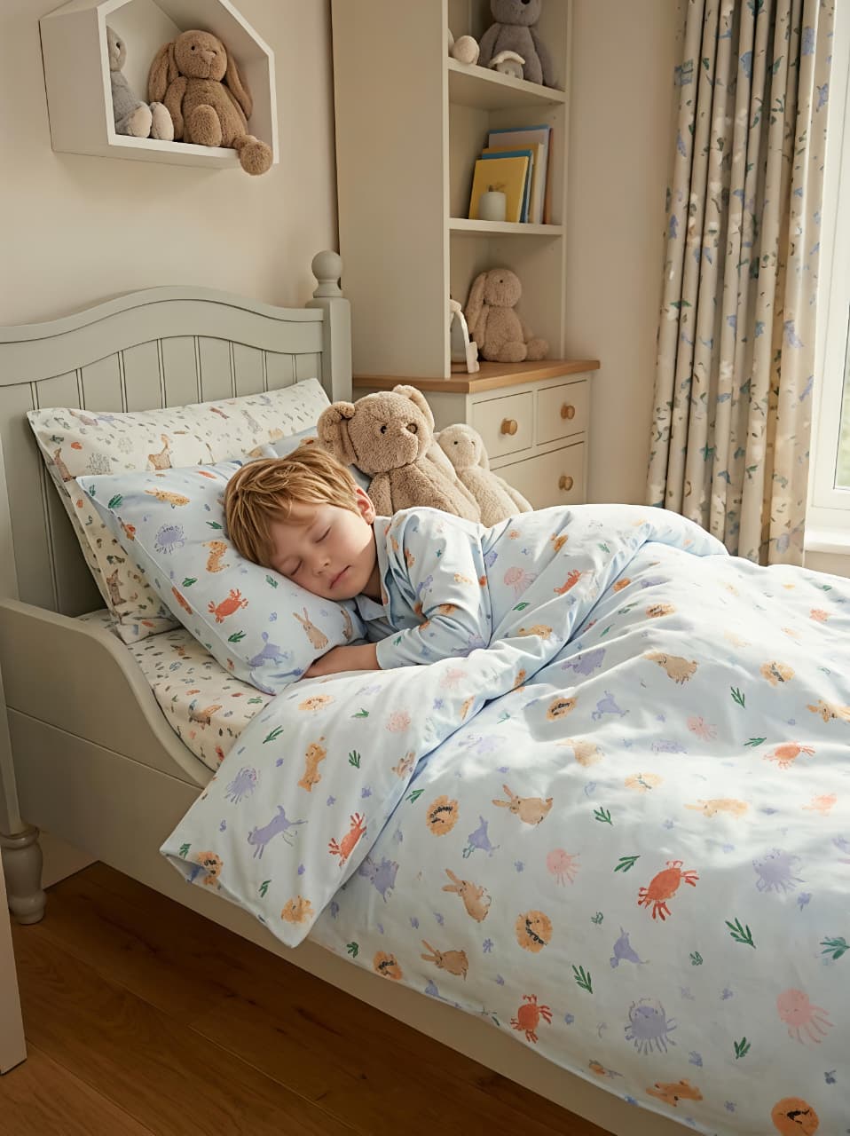 Kids Blue Sea-Life Printed Satin Long-Sleeved Night suit
