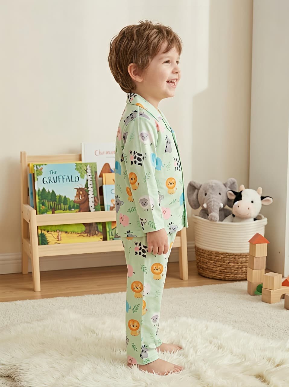 Kids Mint Green Animal Print Satin Night suit Set