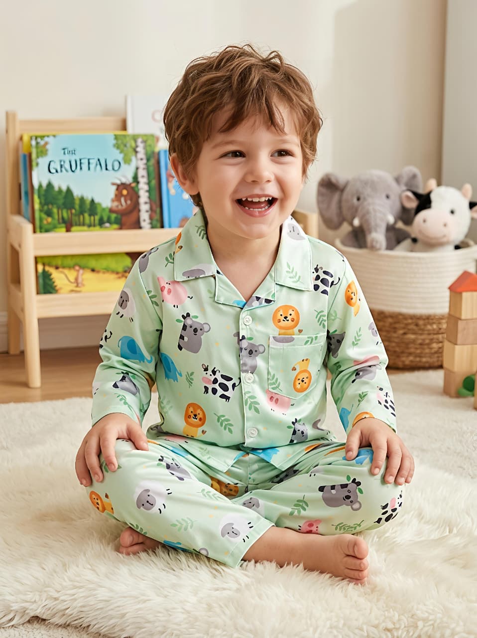 Kids Mint Green Animal Print Satin Night suit Set
