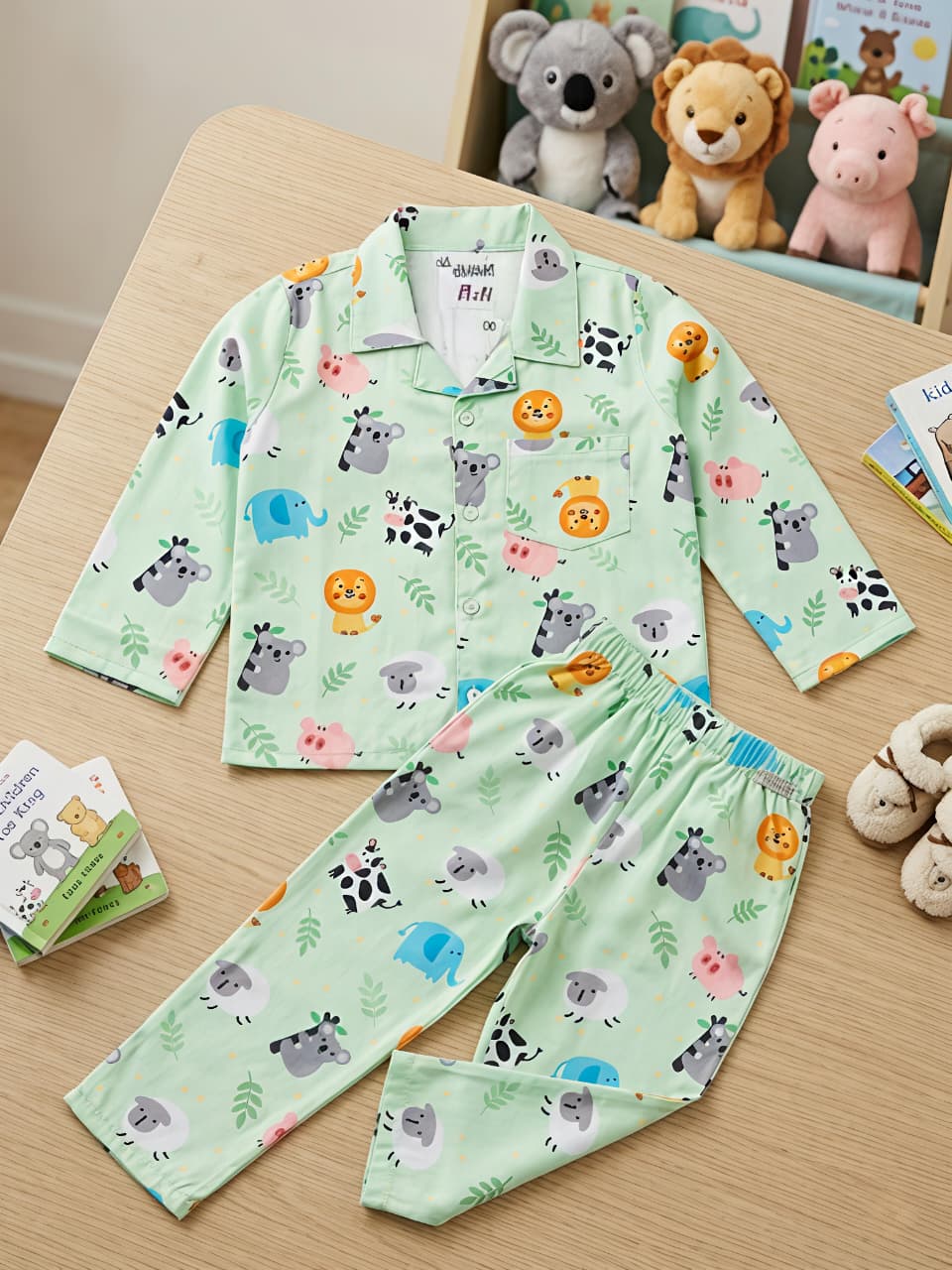 Kids Mint Green Animal Print Satin Night suit Set