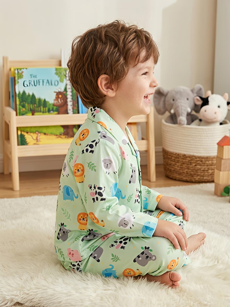 Kids Mint Green Animal Print Satin Night suit Set