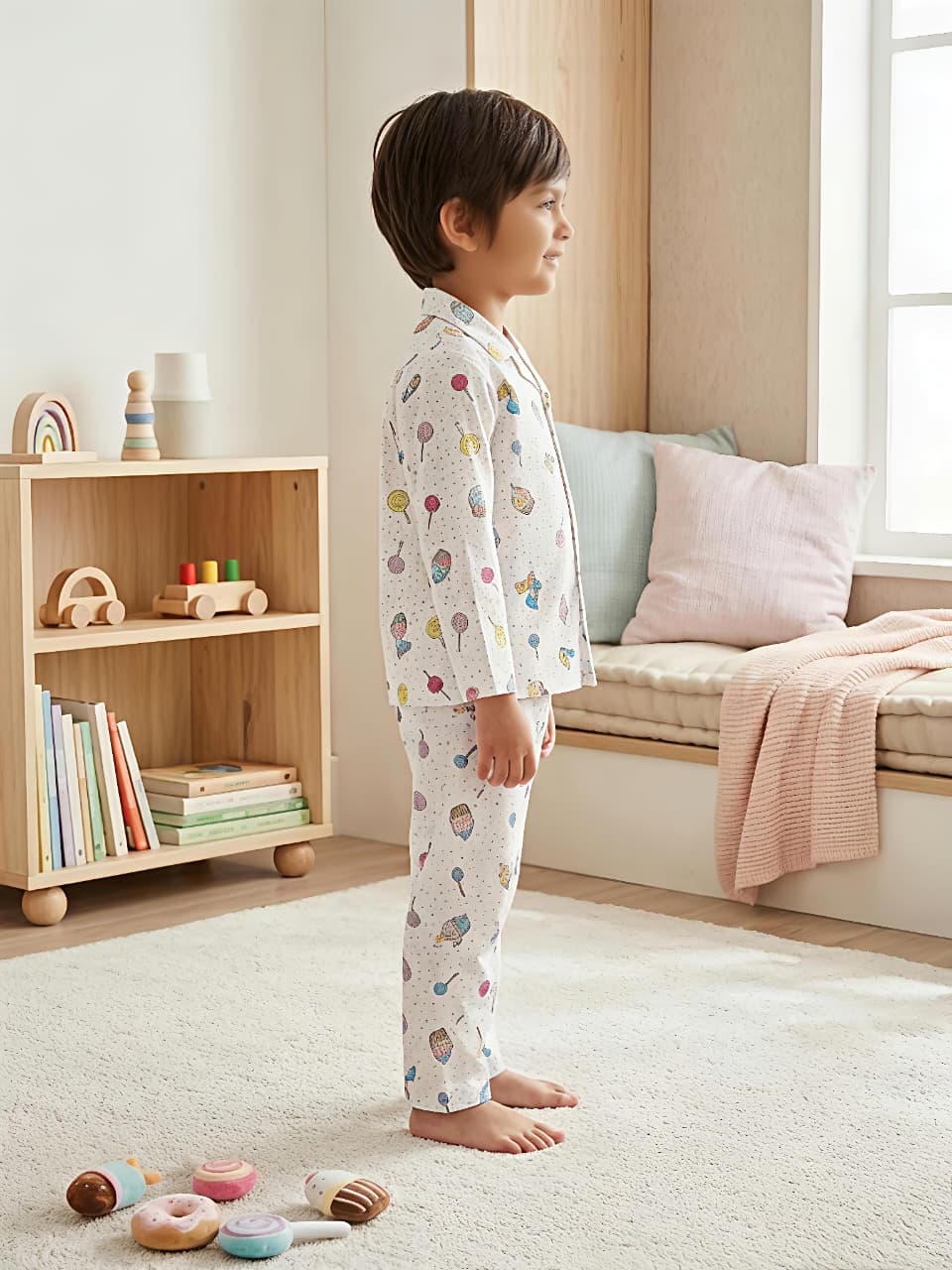 Kids White & Multi-Coloured Printed Satin Night Suit