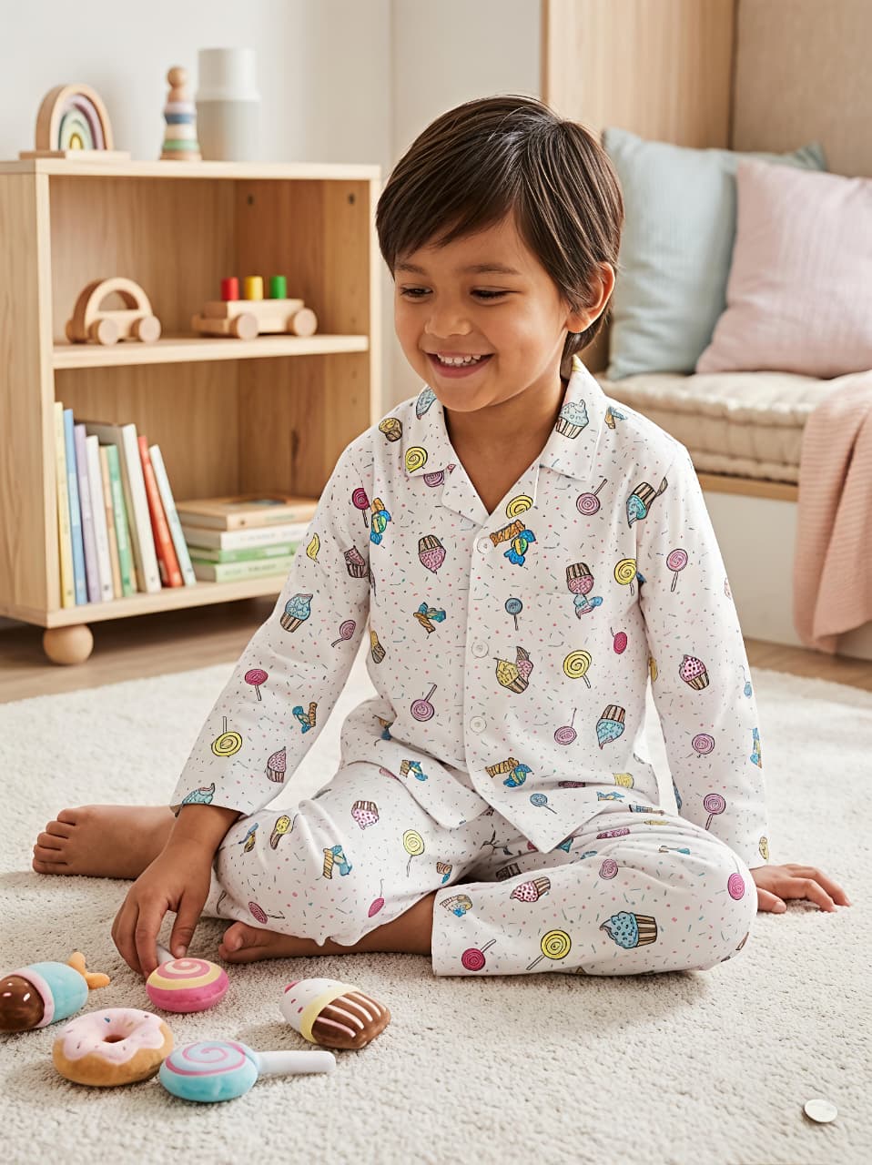 Kids White & Multi-Coloured Printed Satin Night Suit