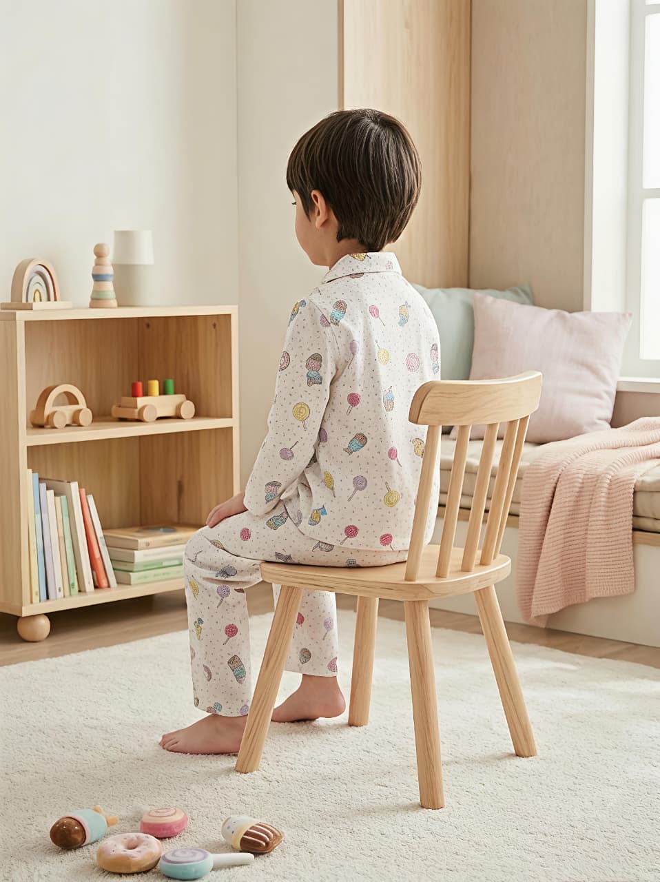 Kids White & Multi-Coloured Printed Satin Night Suit