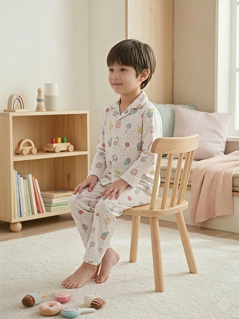 Kids White & Multi-Coloured Printed Satin Night Suit