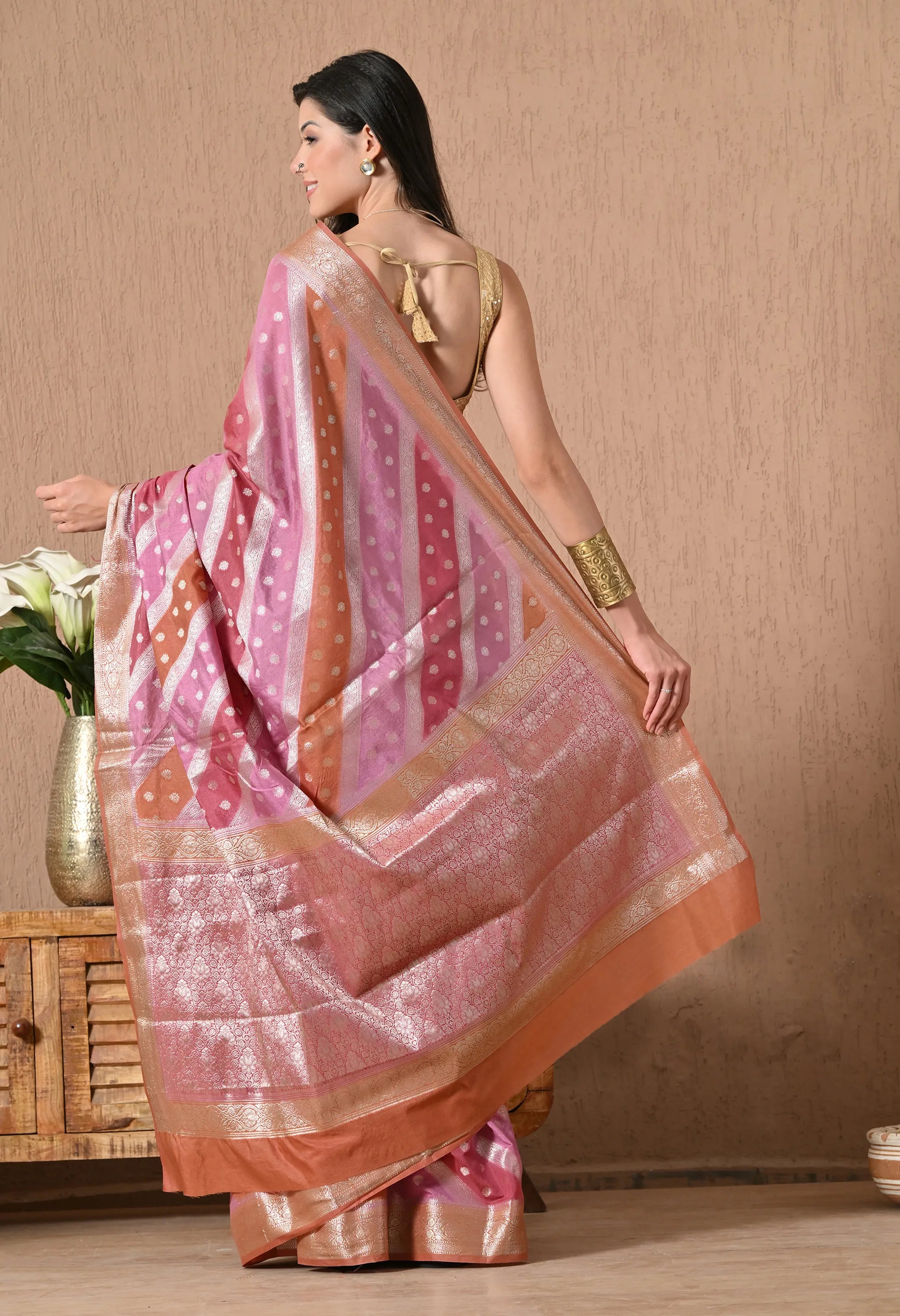 Multicolor Pink Silk saree