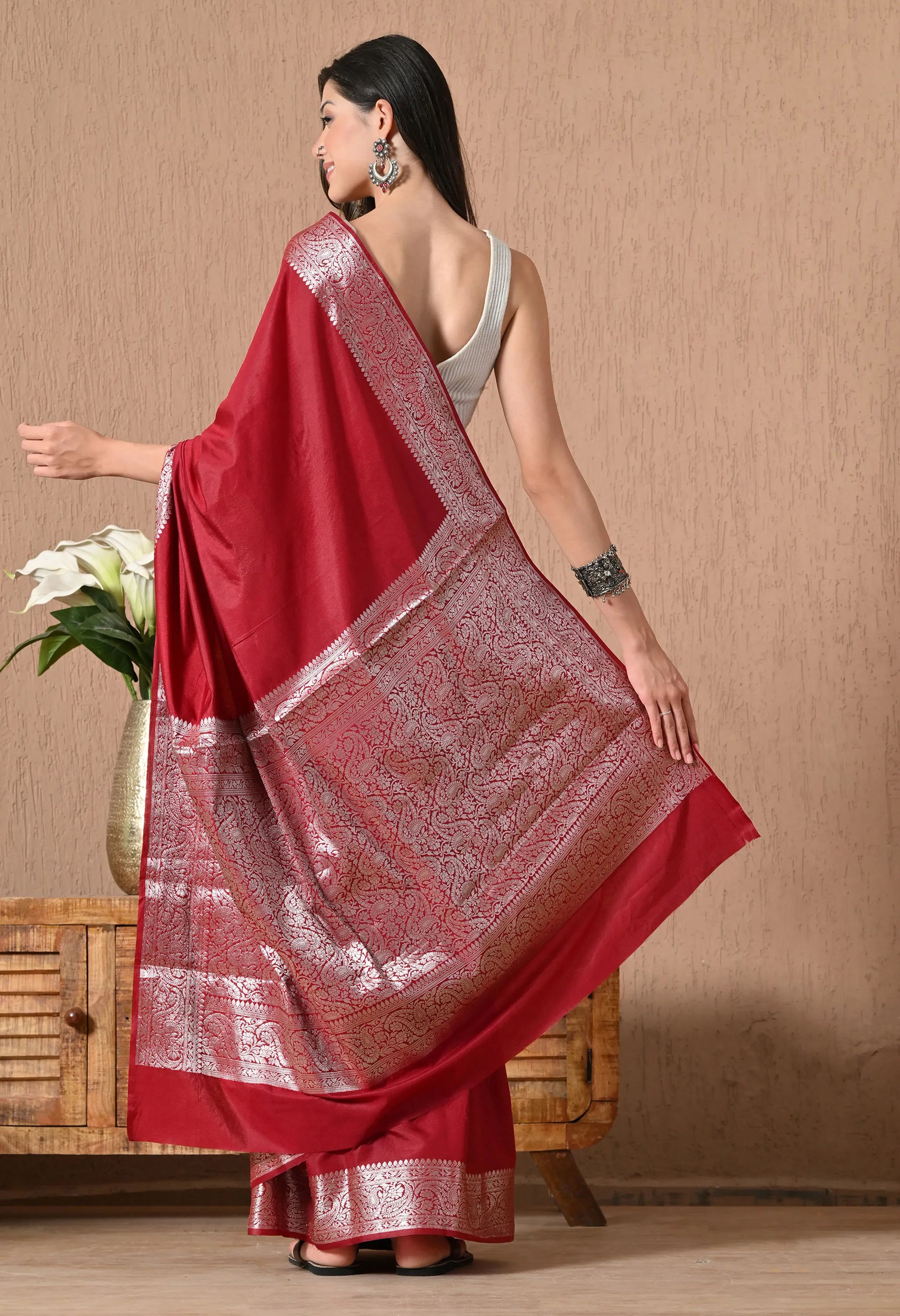 designer red silk saree