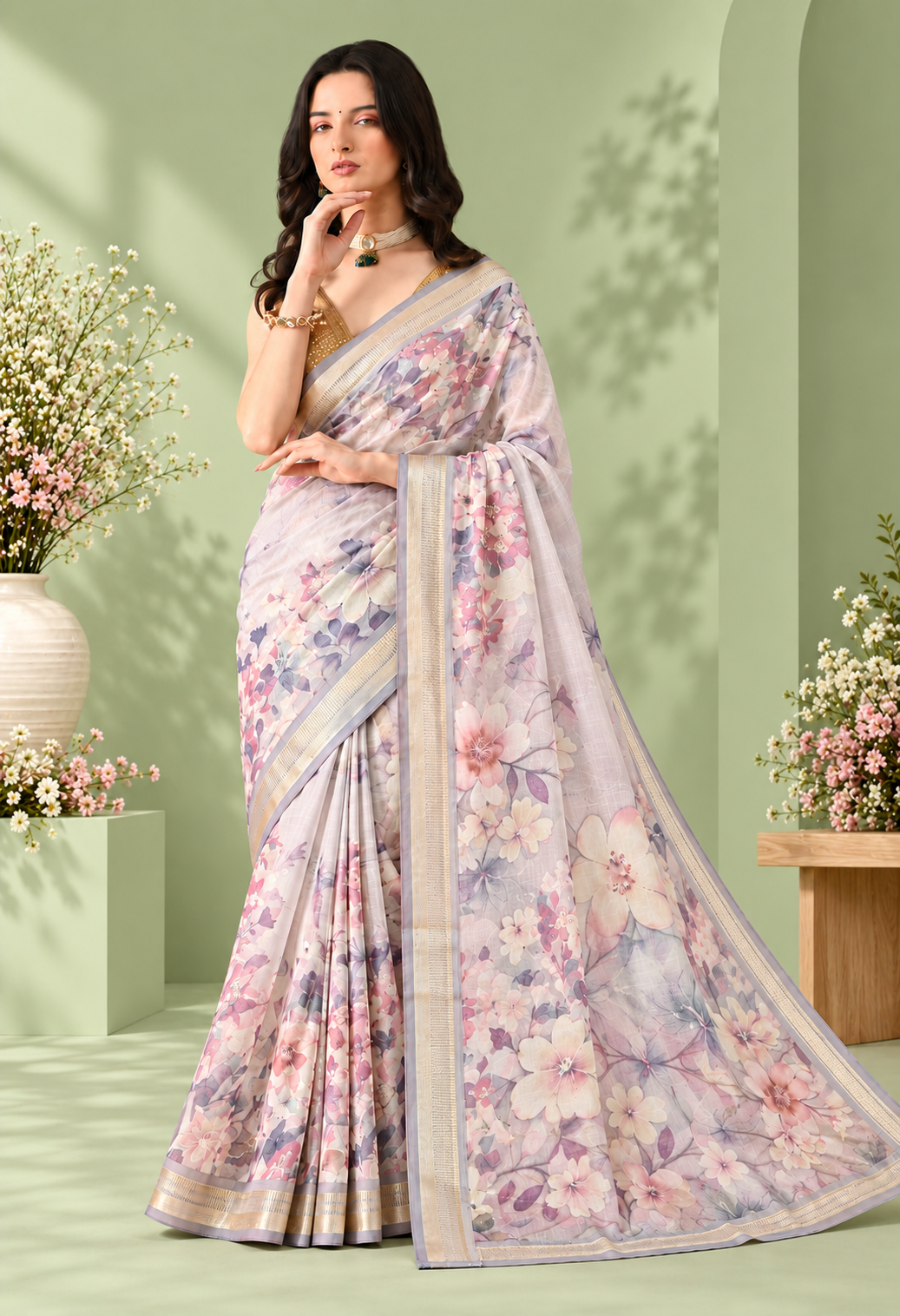 Pair it with a pastel pink or lavender blouse, delicate jewellery and elegant heels for a soft and sophisticated festive look.
