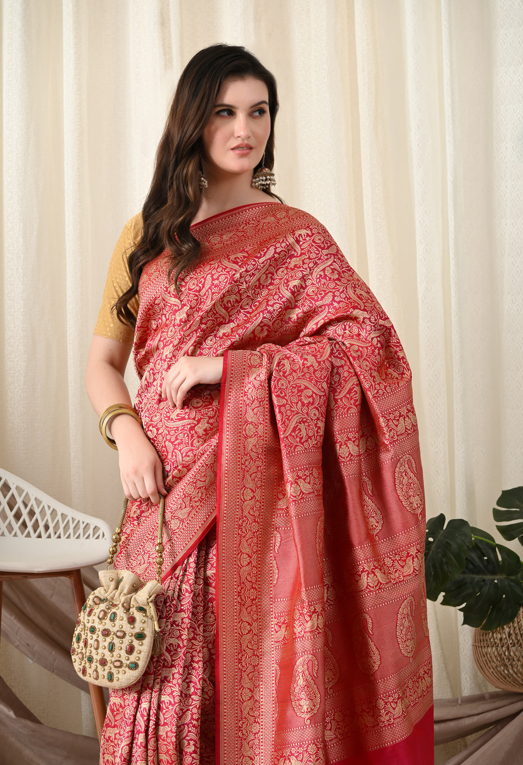 Luxurious red Katan silk saree for wedding & festivals