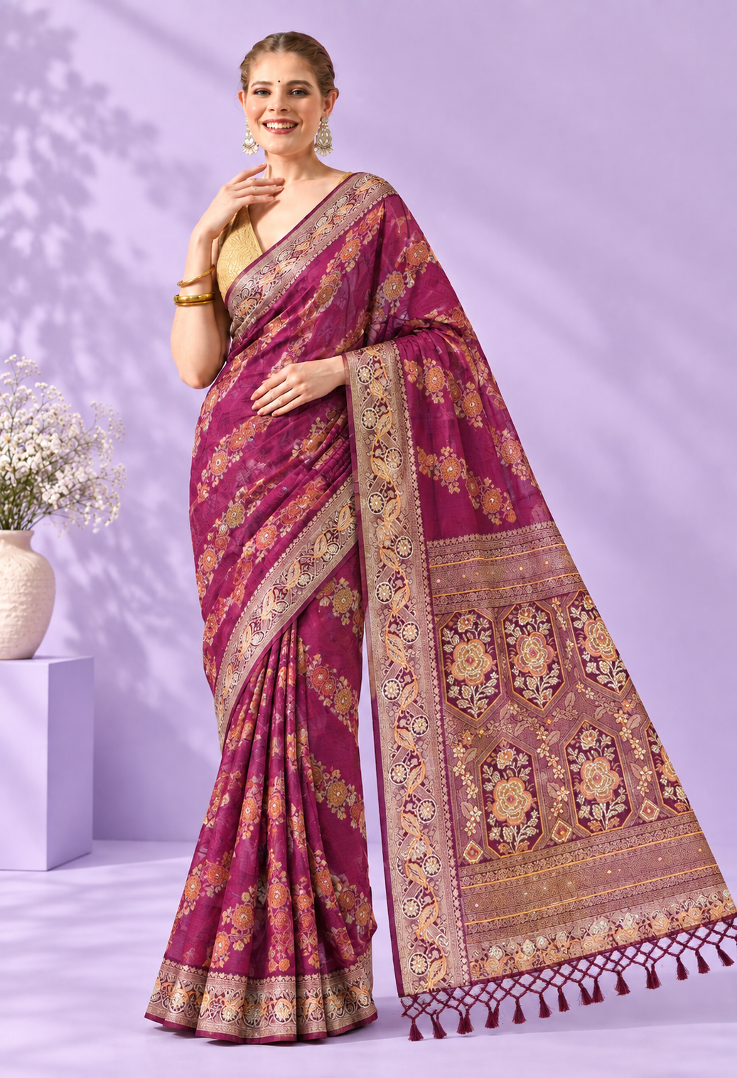 Pair it with a wine or maroon blouse, traditional gold jewellery and embellished heels for a graceful festive look.