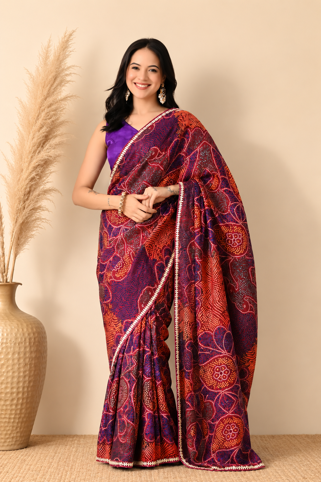 Maroon and blue Bandhani-inspired floral printed georgette saree with decorative border.

