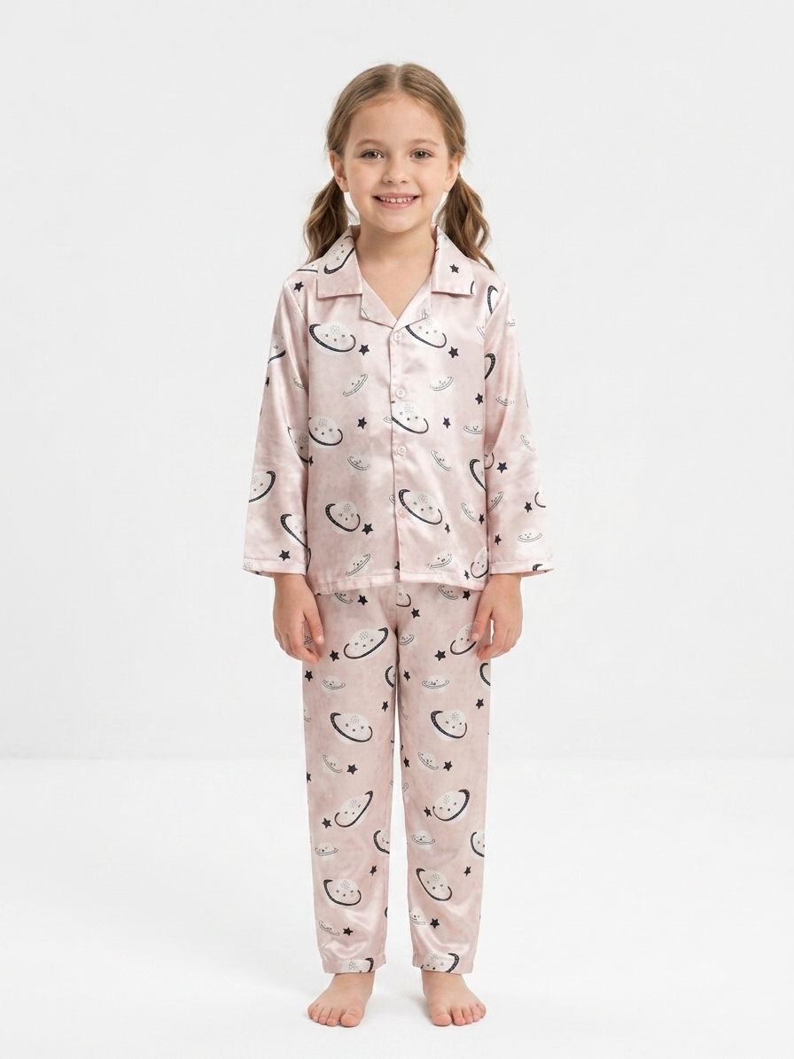 A young girl smiling while posing in a two-piece pastel pink satin night suit printed with cute cartoon animal faces, featuring a button-up long-sleeve shirt and matching pajama pants against a white background.