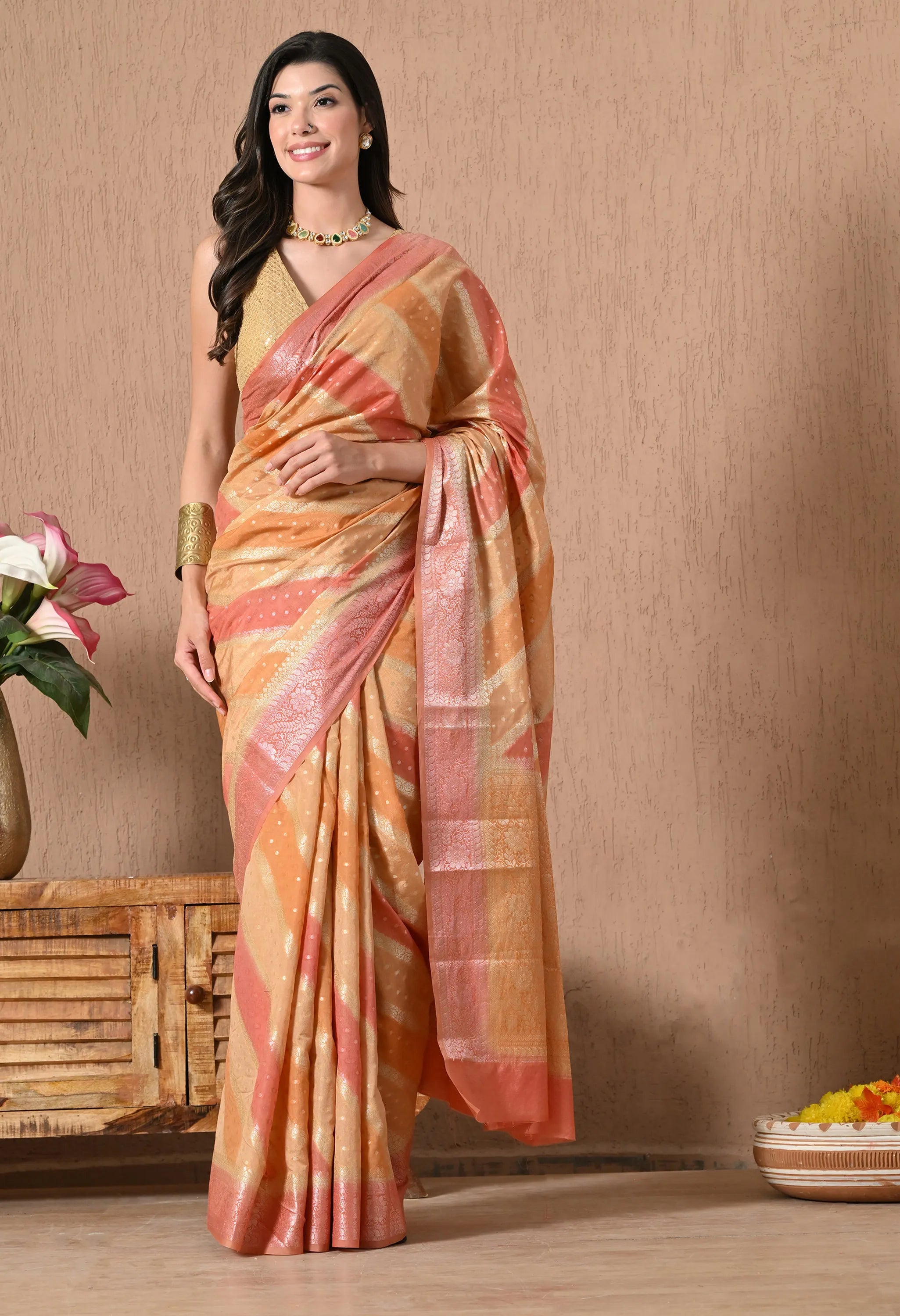 Multicolor Orange Silk saree