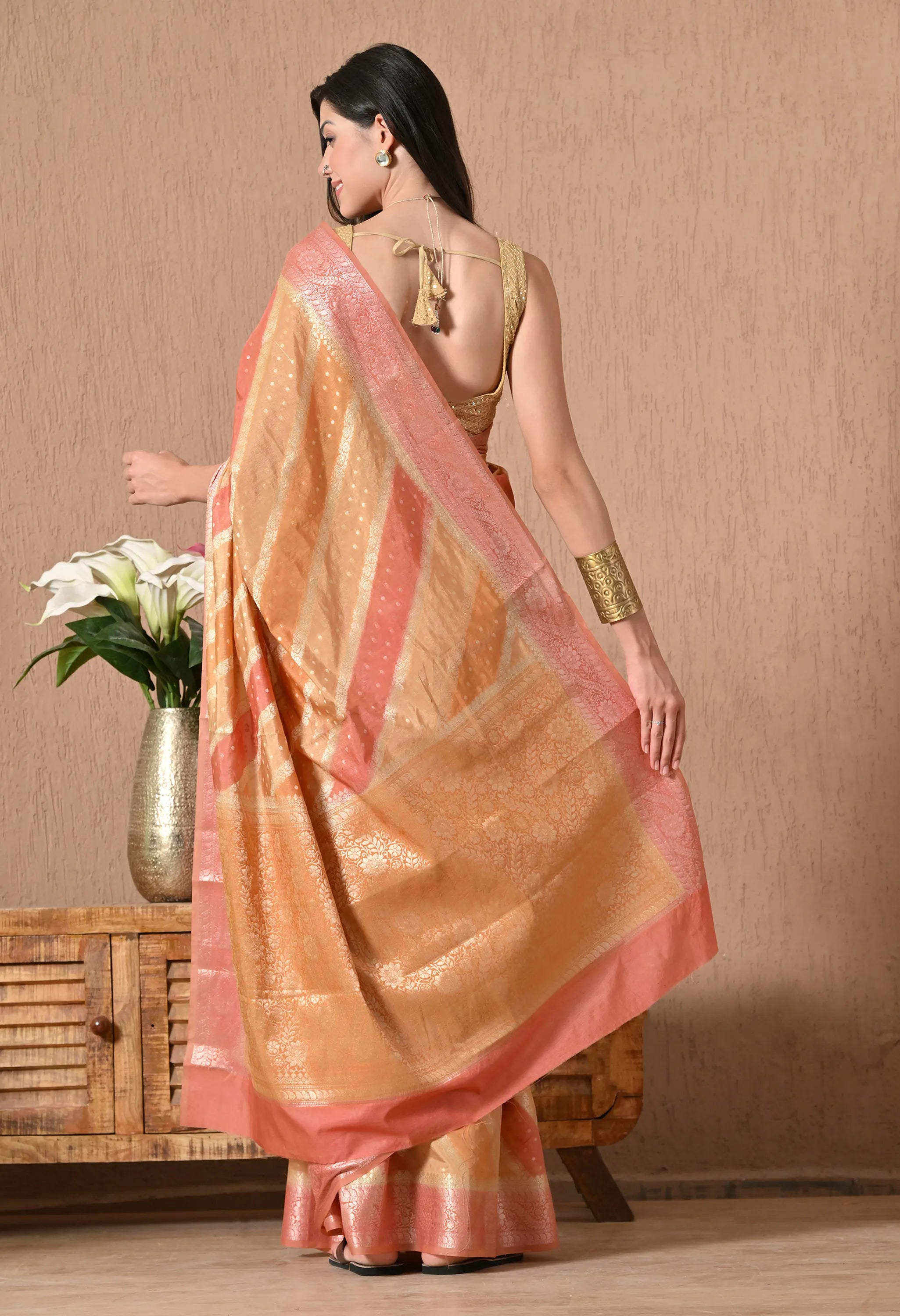 Multicolor Orange Silk saree