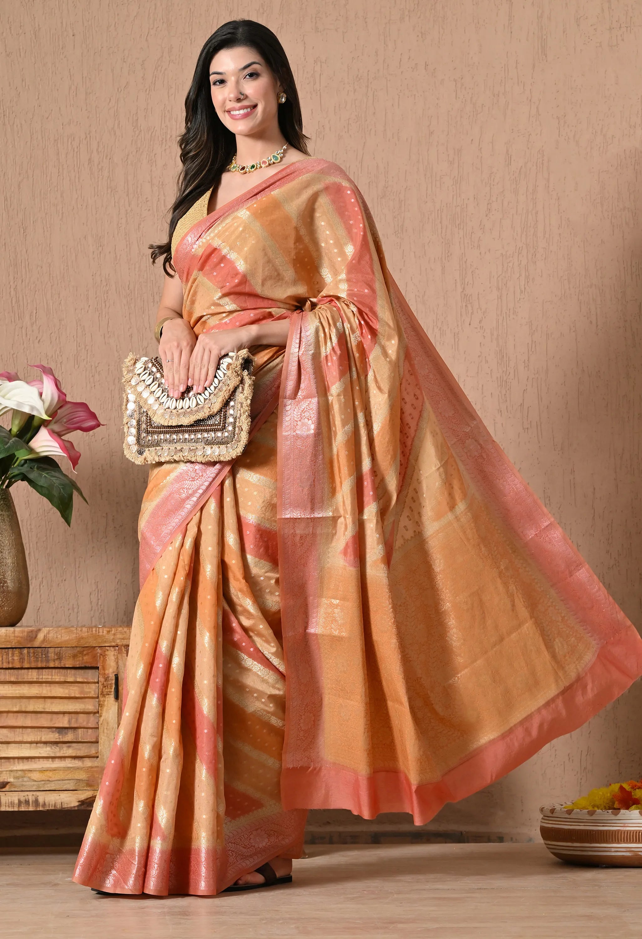 Multicolor Orange Silk saree