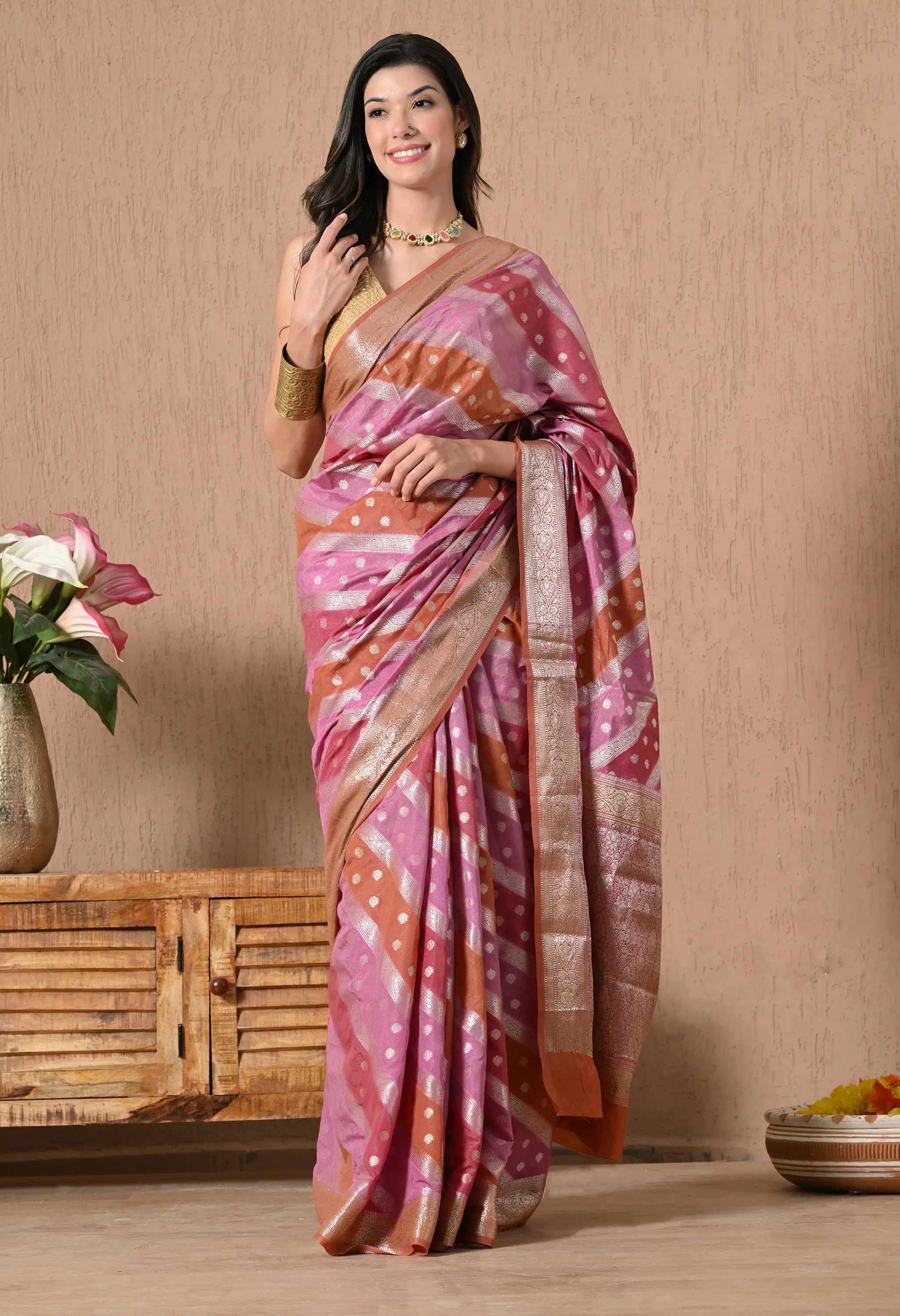Multicolor Pink Silk saree