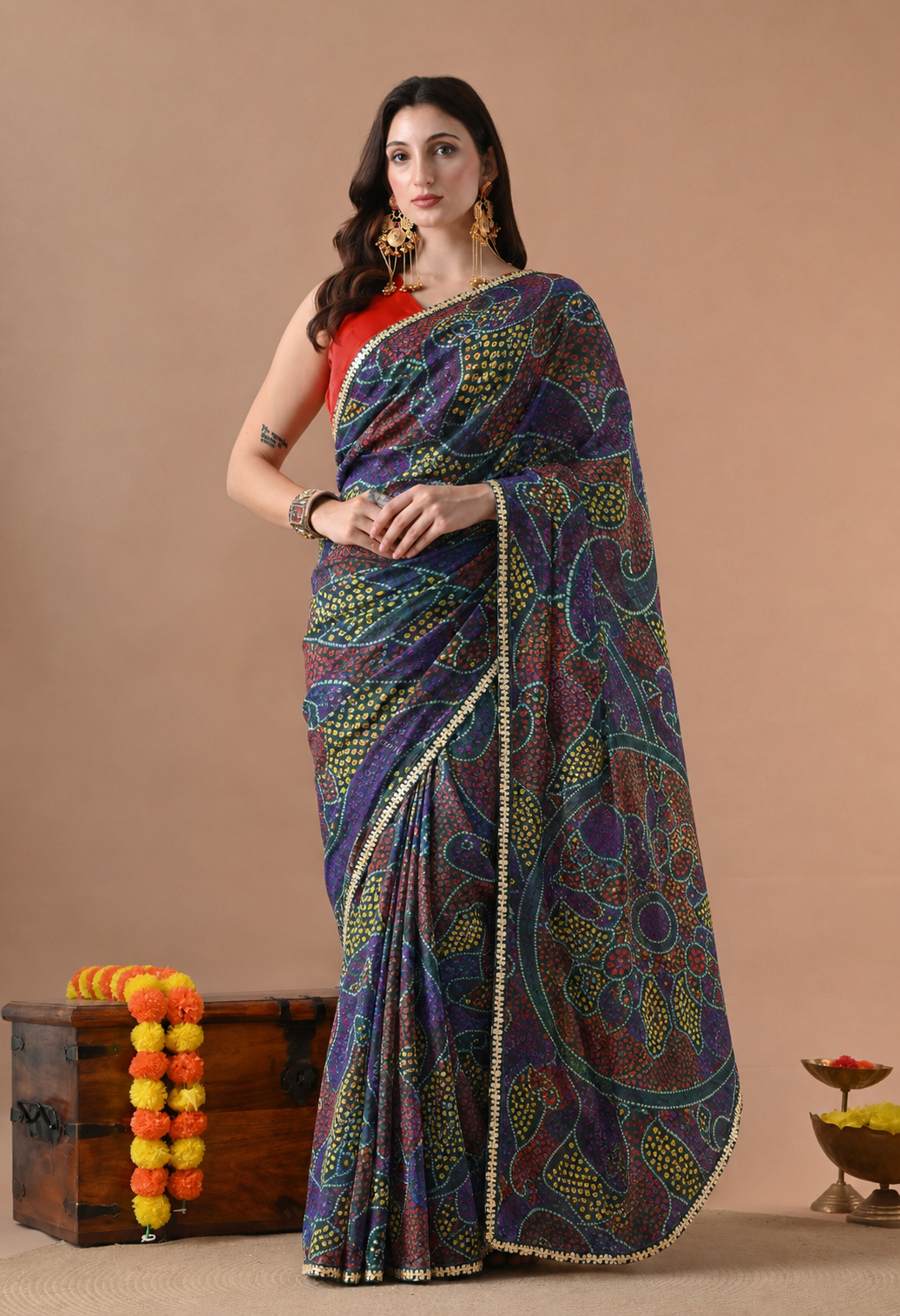 Multicolour georgette saree with traditional paisley and floral print