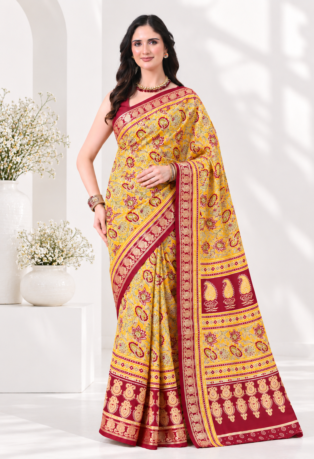 Pair this vibrant saree with a maroon blouse, traditional gold jewellery, statement earrings and embellished heels for a rich and elegant festive look.