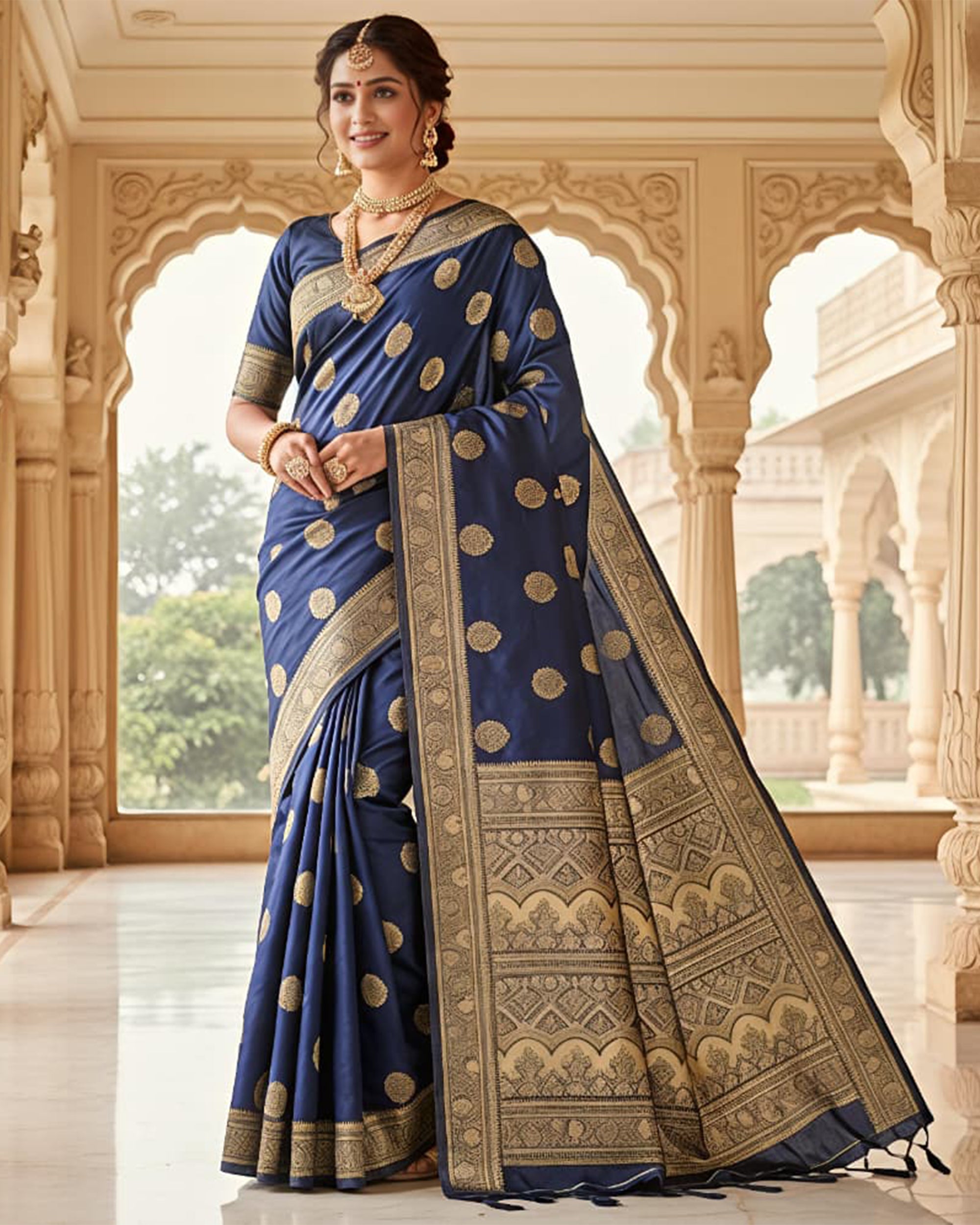 Navy Blue & Gold-Toned Art Silk Woven Design Banarasi Saree