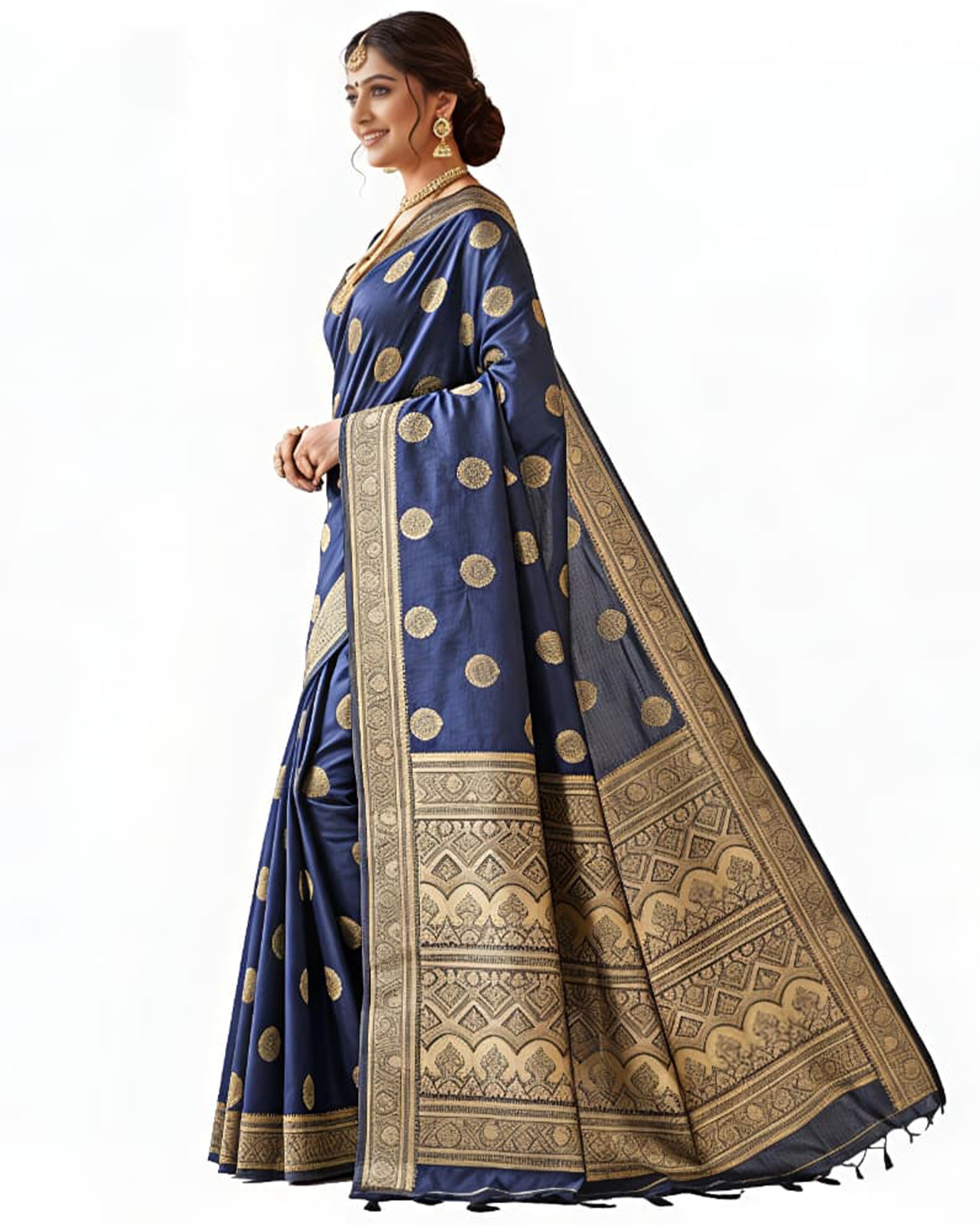 Navy Blue & Gold-Toned Art Silk Woven Design Banarasi Saree
