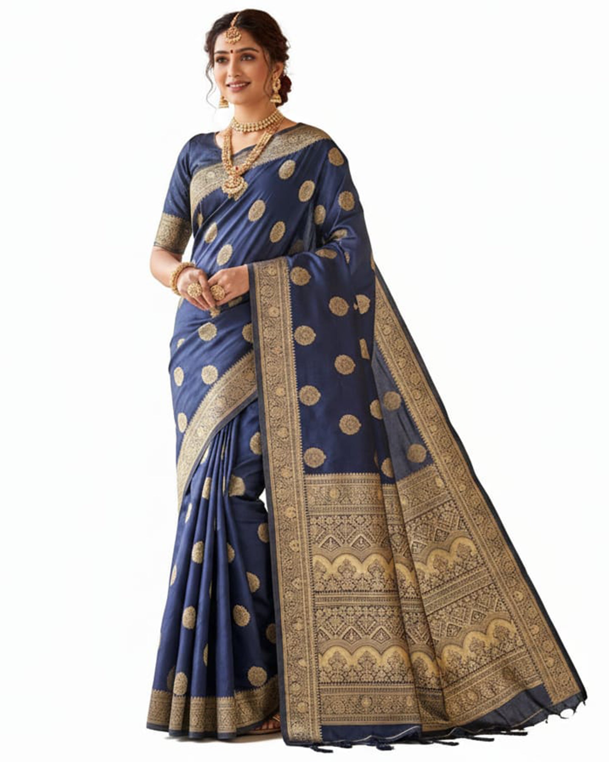 Navy Blue & Gold-Toned Art Silk Woven Design Banarasi Saree