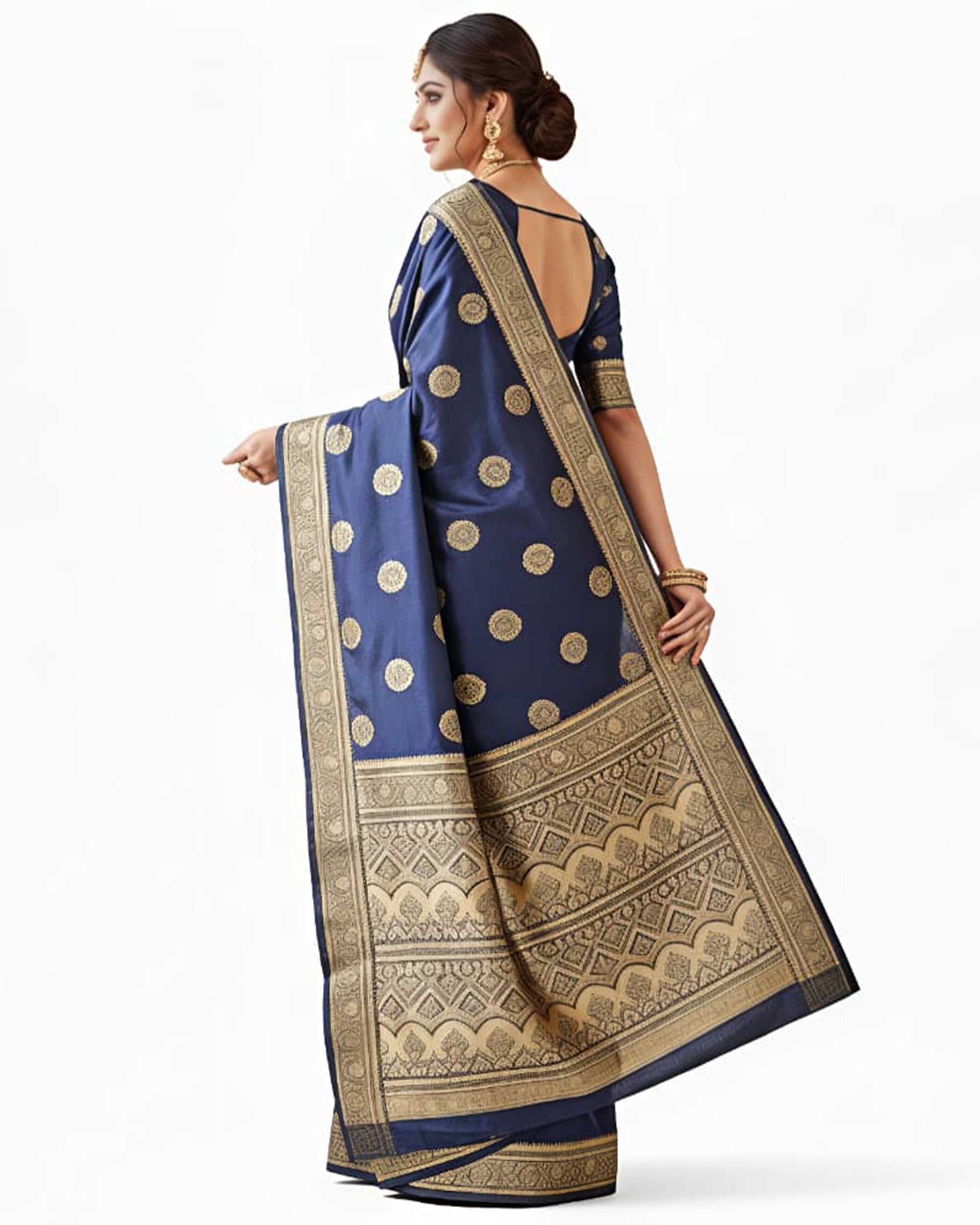 Navy Blue & Gold-Toned Art Silk Woven Design Banarasi Saree