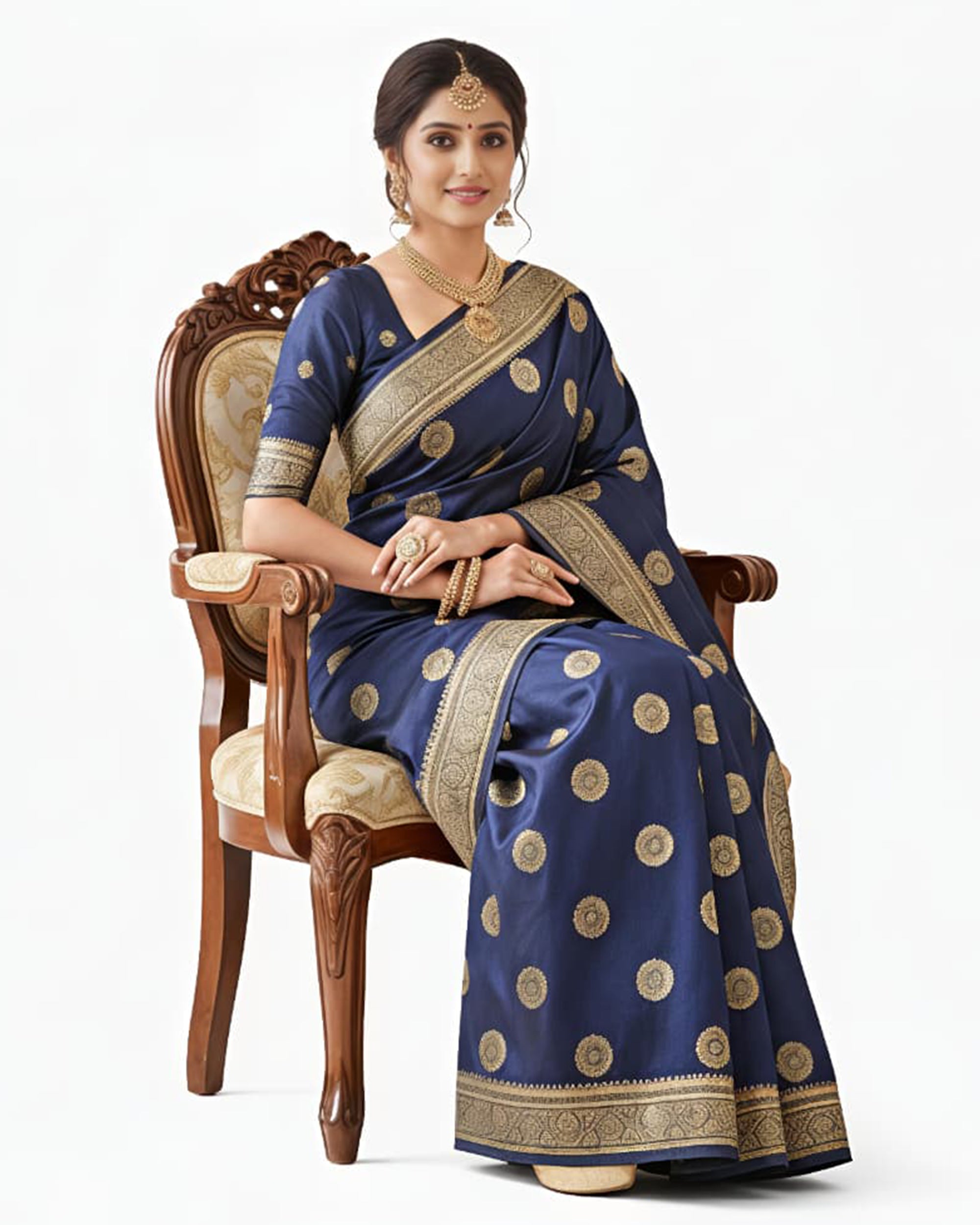 Navy Blue & Gold-Toned Art Silk Woven Design Banarasi Saree