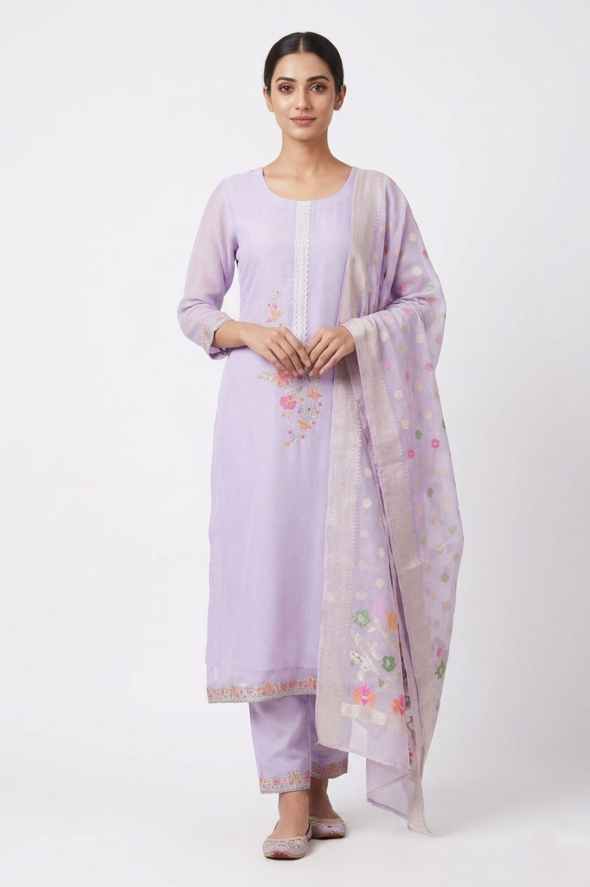 A woman modeling a lavender sheer organza salwar suit featuring floral embroidery, a lace-trimmed neck, and a matching organza dupatta with a wide silver border.
