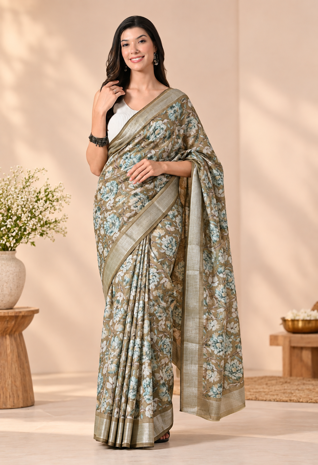 Pair it with antique-finish jewellery, a matching blouse and elegant heels for a refined festive look.
