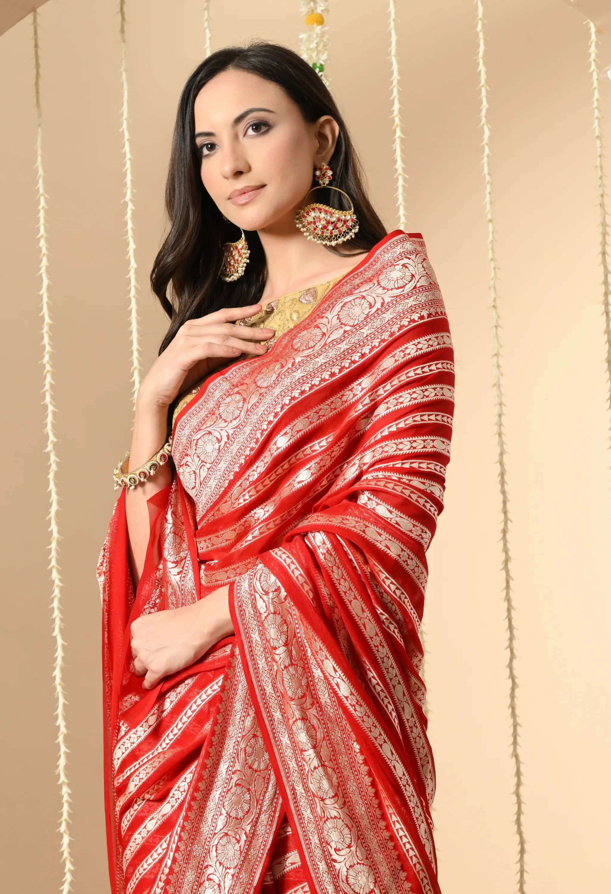 Red Pure georgette Khadi Saree