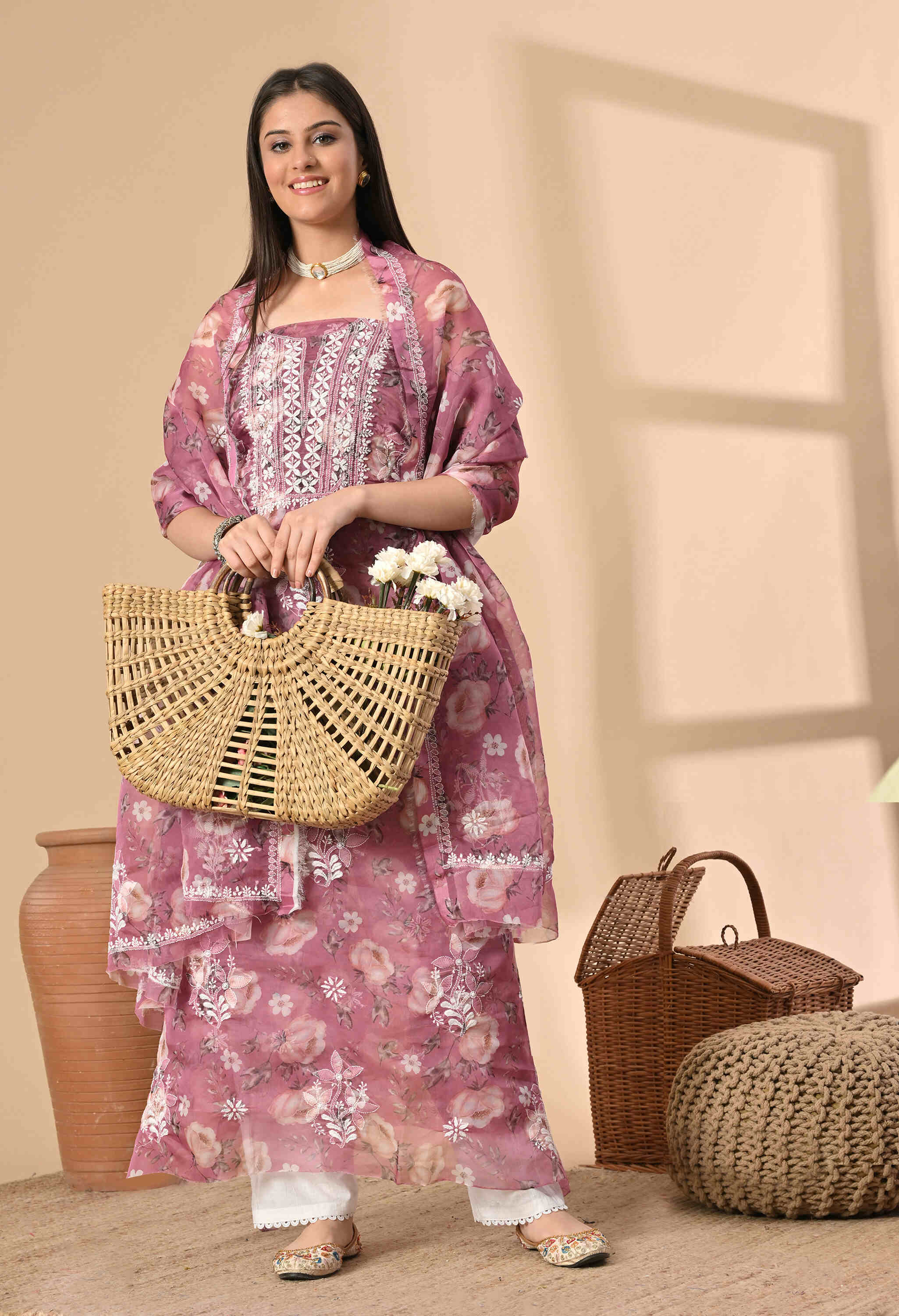  Organza chikankari Suit Set